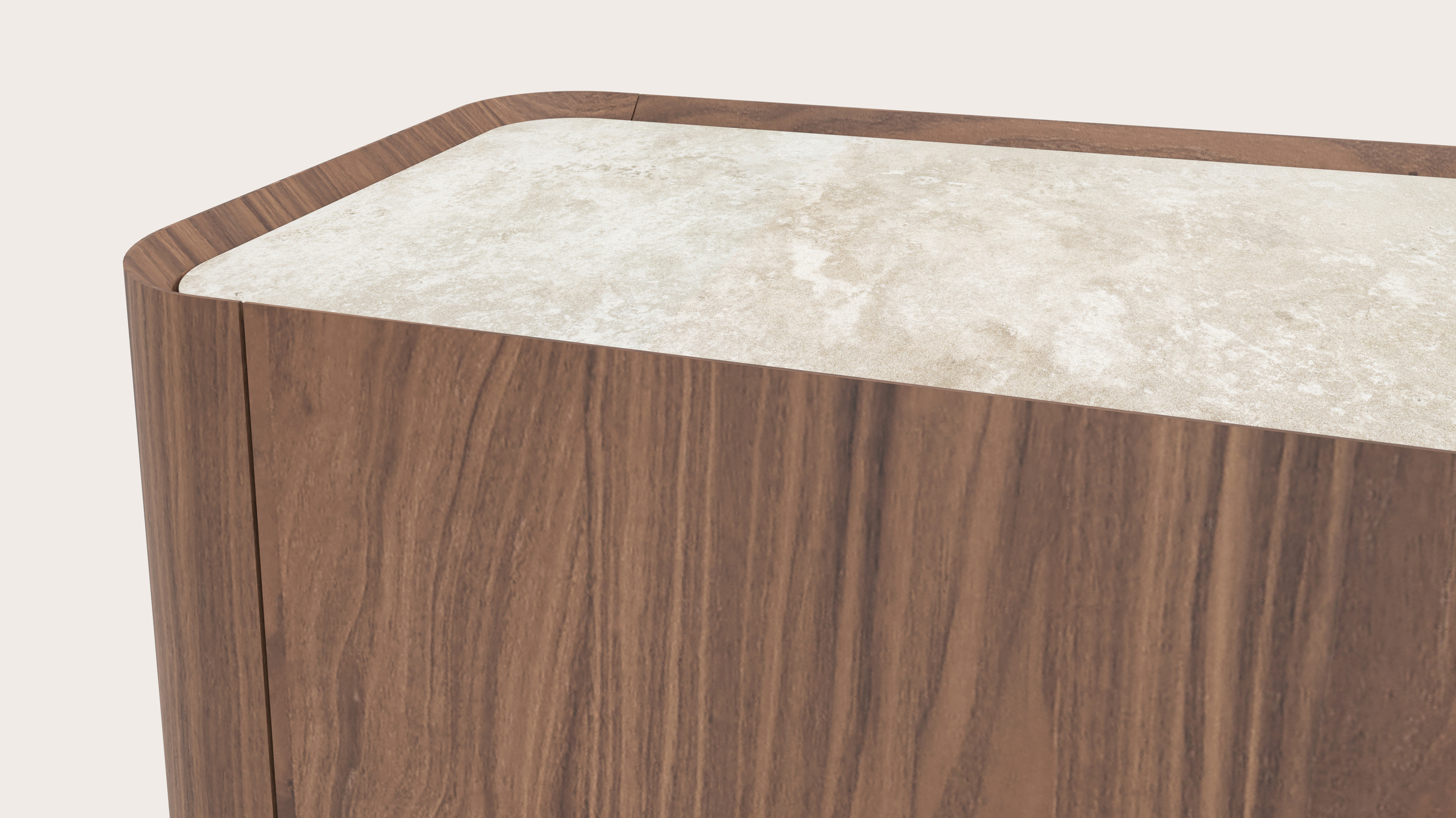 Curvato tv-meubel in walnoot met ronde houten poten met volkeramisch Ceramo blad in kleur Rapolano 249 x 45 x 44 cm
