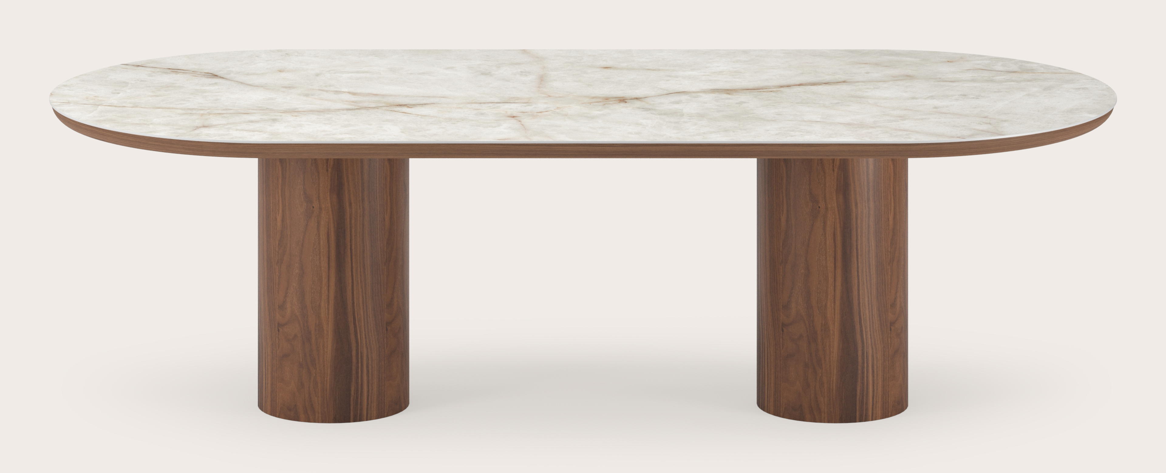 Eettafel Amato Rondo onderstel in walnoot met plat ovaal volkeramisch Ceramo blad in kleur Himalaya 260 x 115 x 76 cm