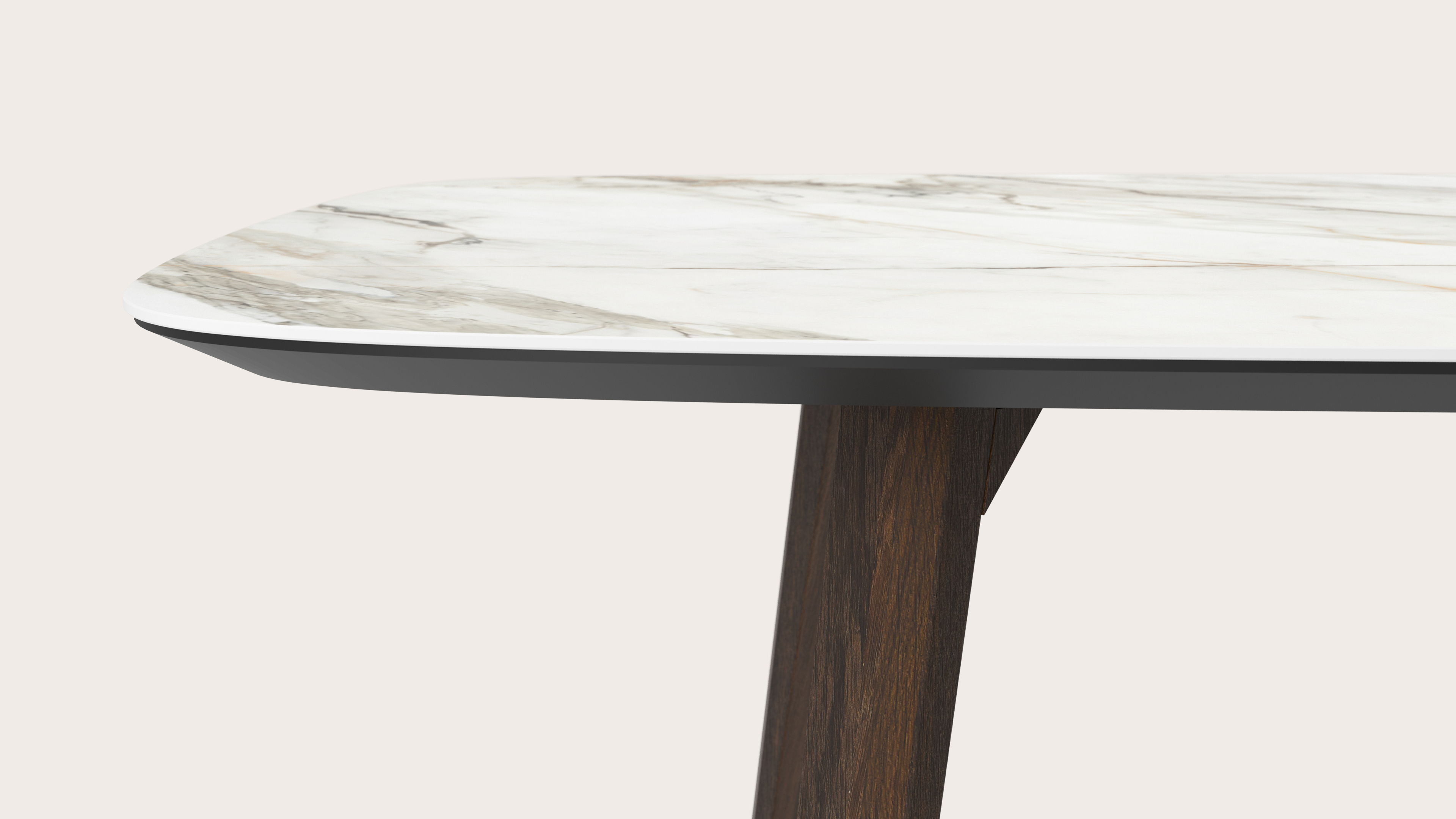 Table de salle à manger Clino armature en chêne fumé avec plateau Ceramo forme arrondie en céramique en couleur Calacatta Luxe 300 x 115 x 77 cm