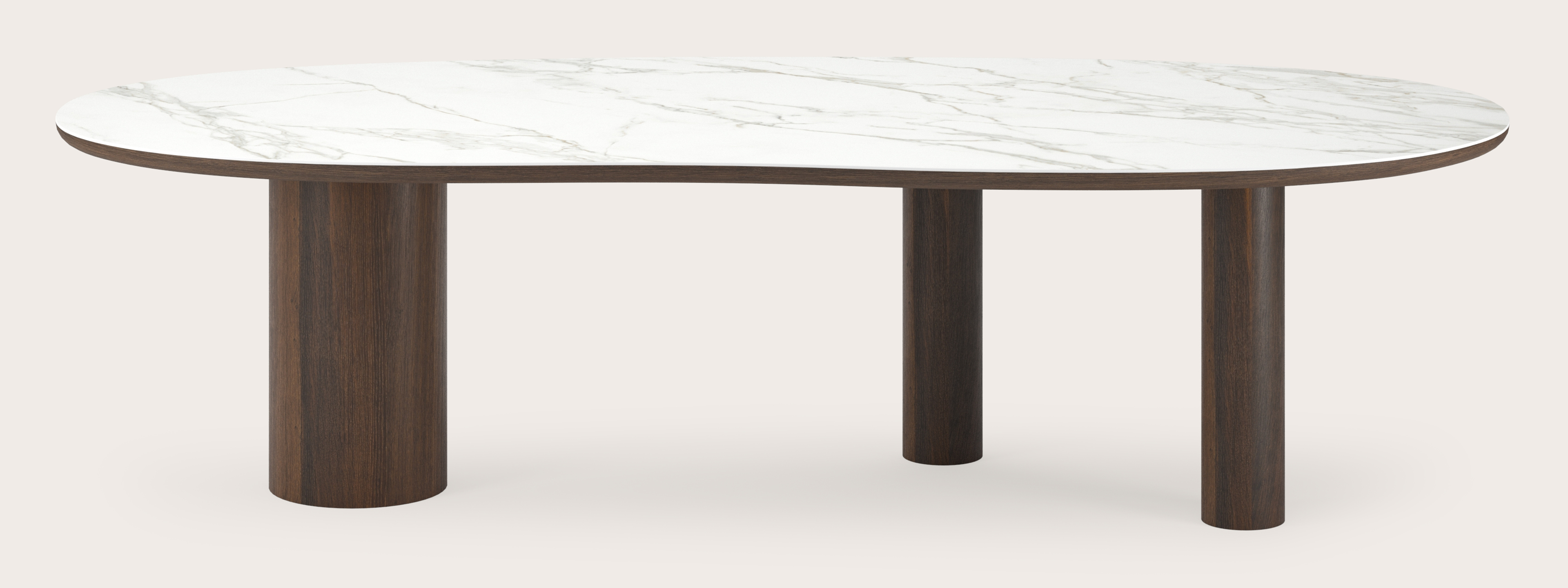 Table de salle à manger Amato Rondo armature en chêne fumé avec plateau Ceramo forme blob en céramique en couleur Calacatta 300 x 122 x 77 cm
