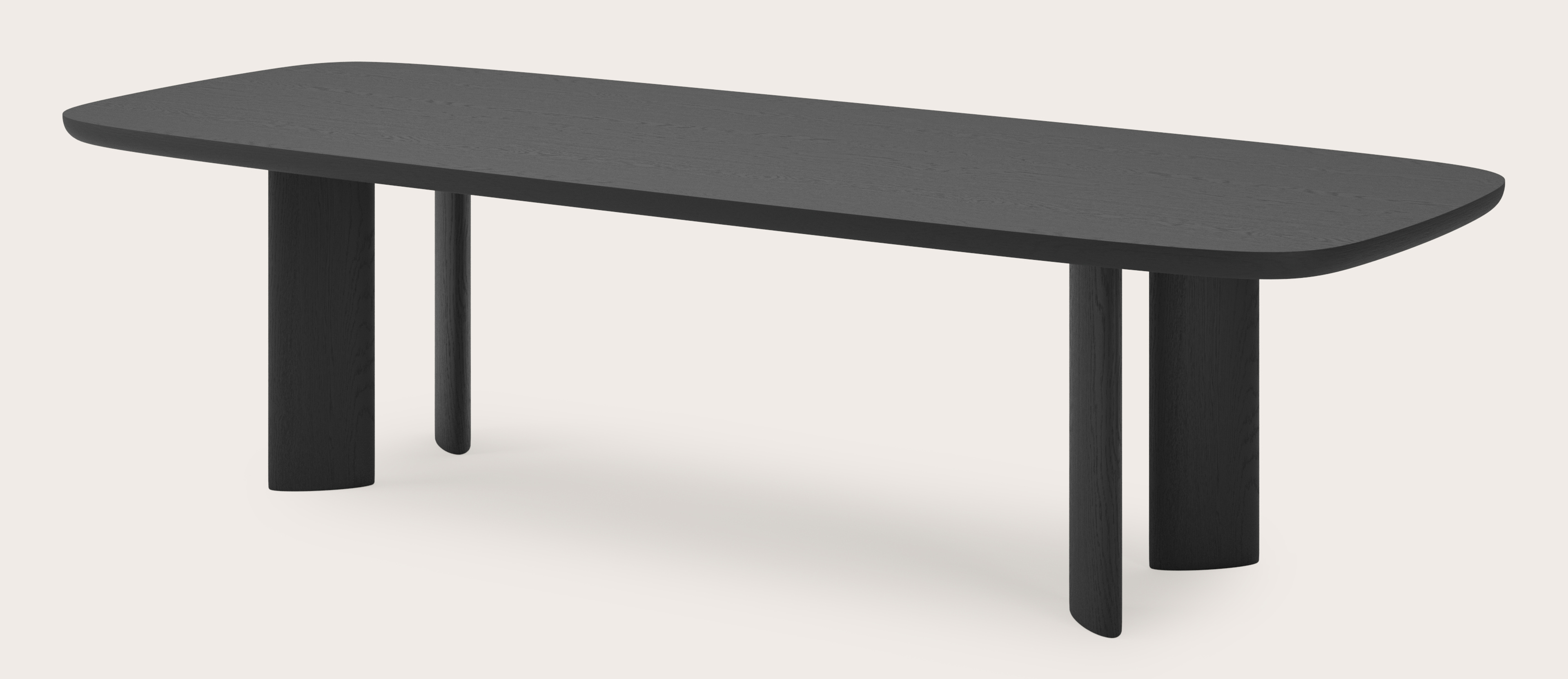 Eettafel Amato Ellipso onderstel met bootvormig Amato blad in zwarte eik 300 x 115 x 79 cm