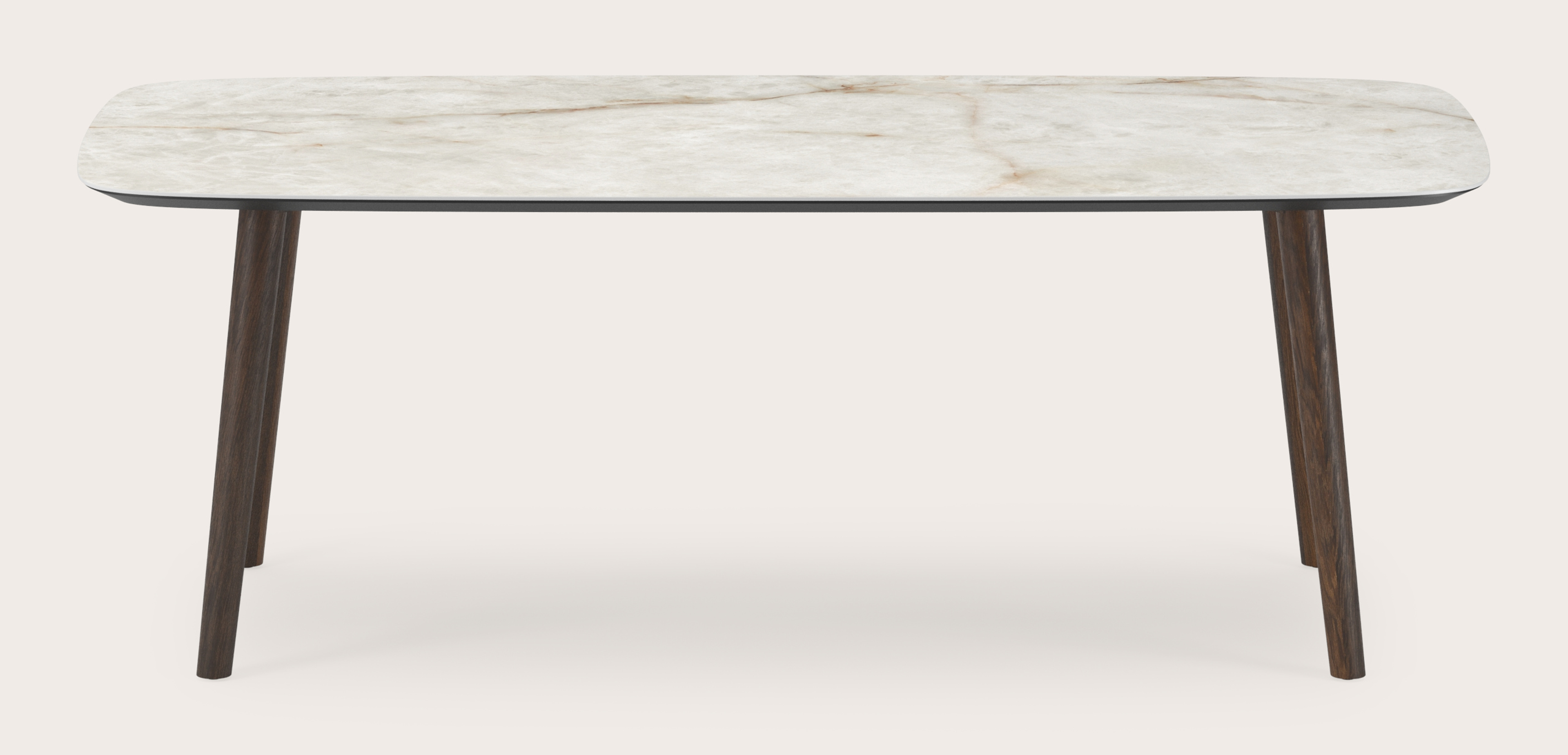Table de salle à manger Conico armature en chêne fumé avec plateau Ceramo forme arrondie en céramique en couleur Himalaya 200 x 105 x 77 cm