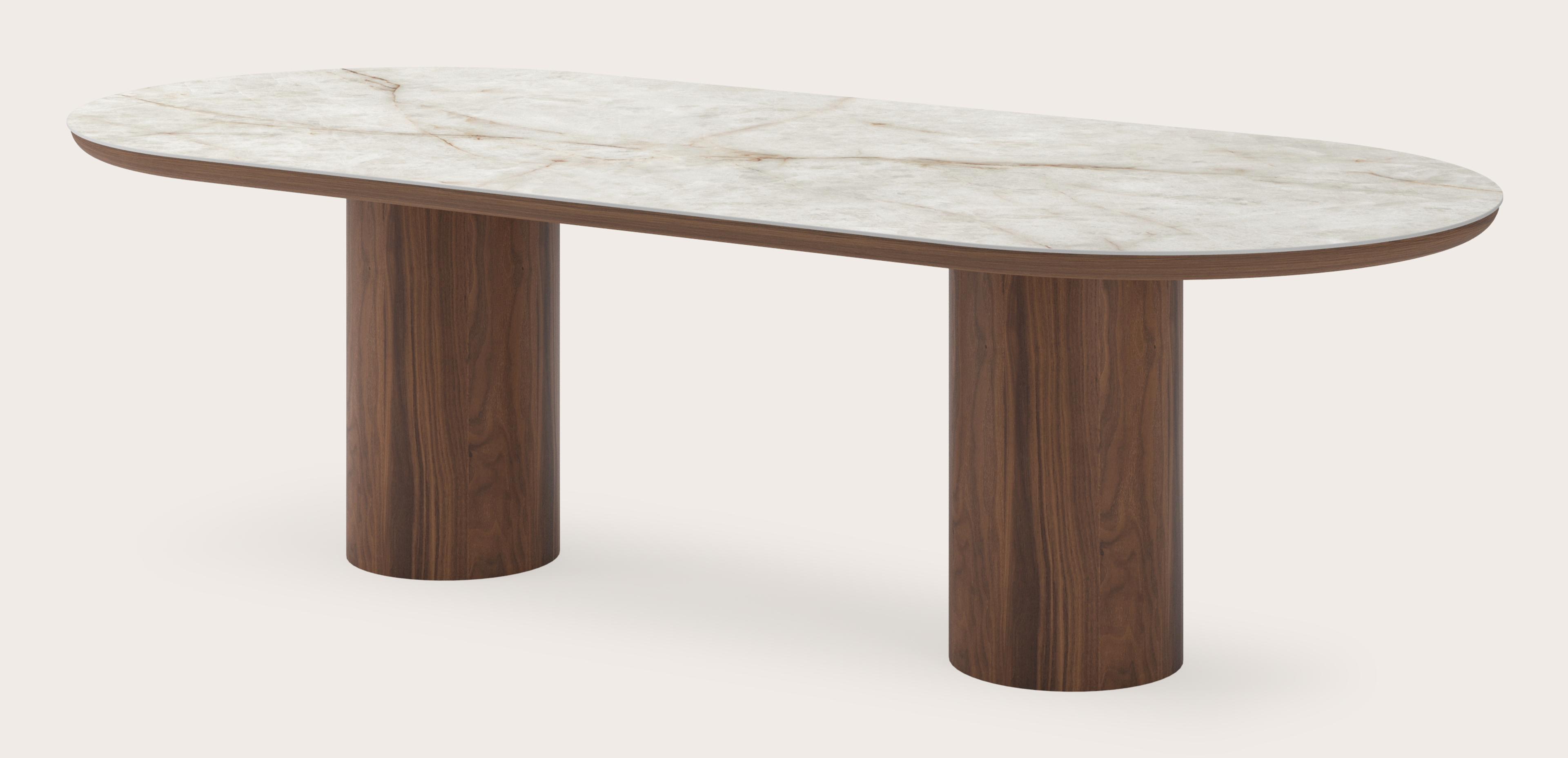 Eettafel Amato Rondo onderstel in walnoot met plat ovaal volkeramisch Ceramo blad in kleur Himalaya 260 x 115 x 76 cm