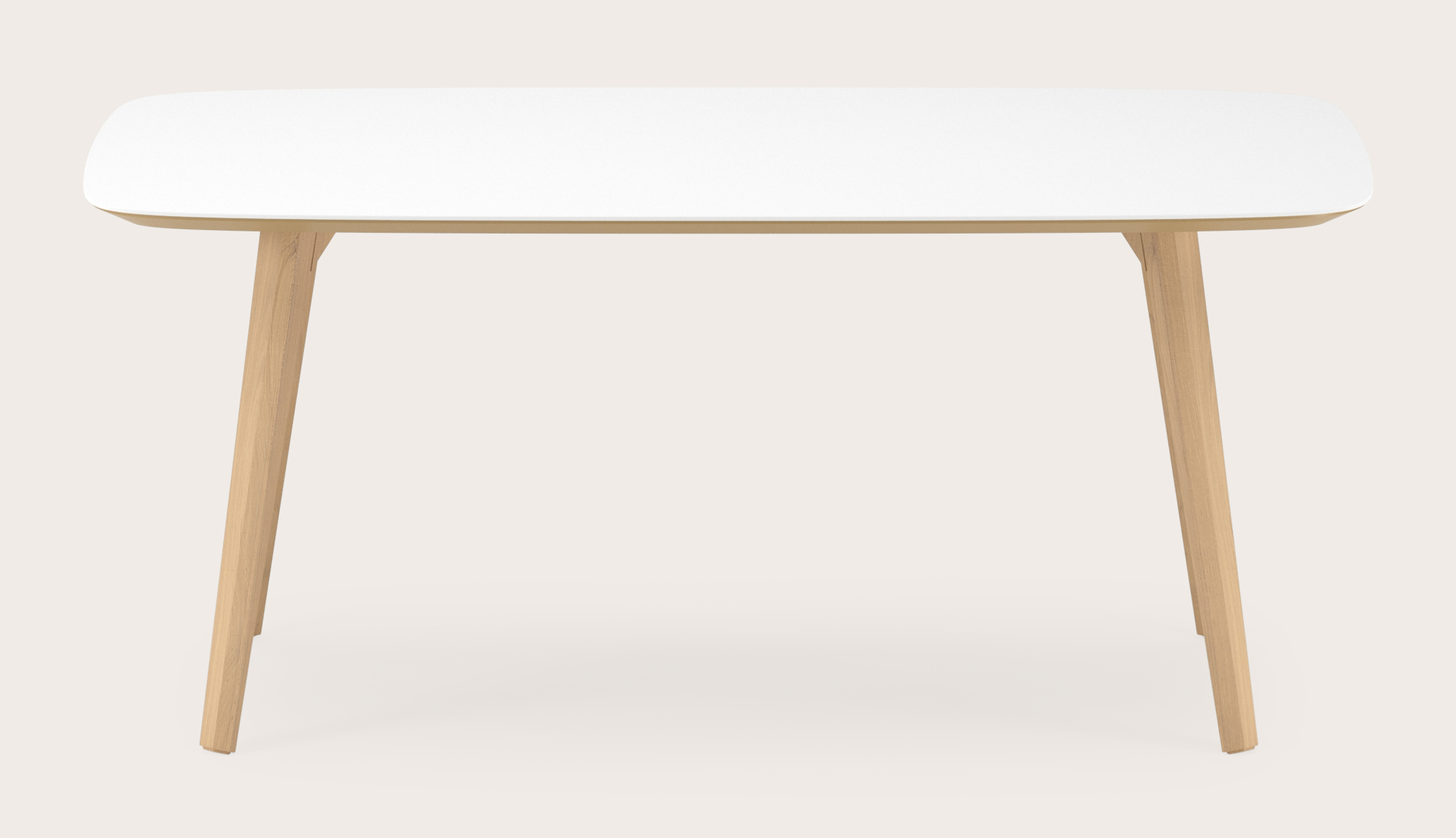 Eettafel Clino onderstel in natuurkleurige eik met bootvormig volkeramisch Ceramo blad in kleur Arctic White 180 x 100 x 77 cm