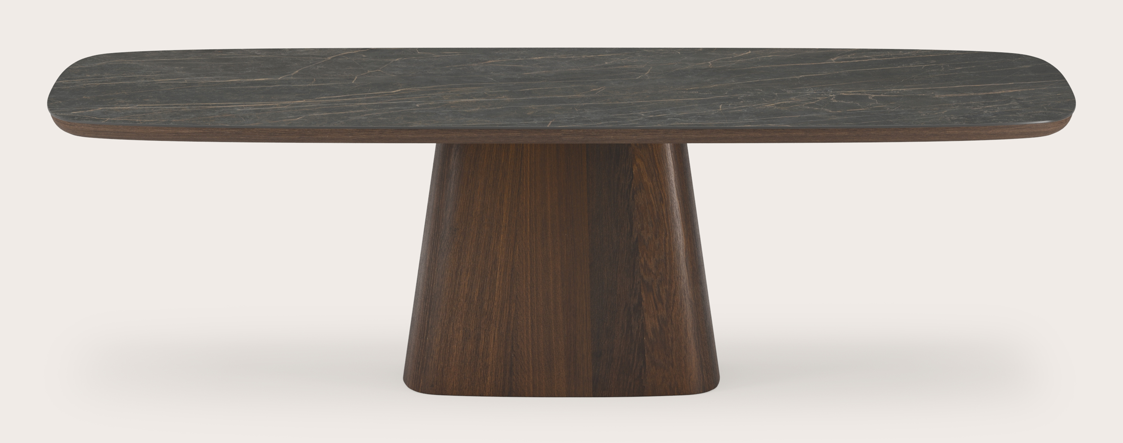 Eettafel Amato Cuadro onderstel in chêne fumé avec plateau Ceramo forme arrondie en céramique en couleur Black Obsession 260 x 110 x 77 cm