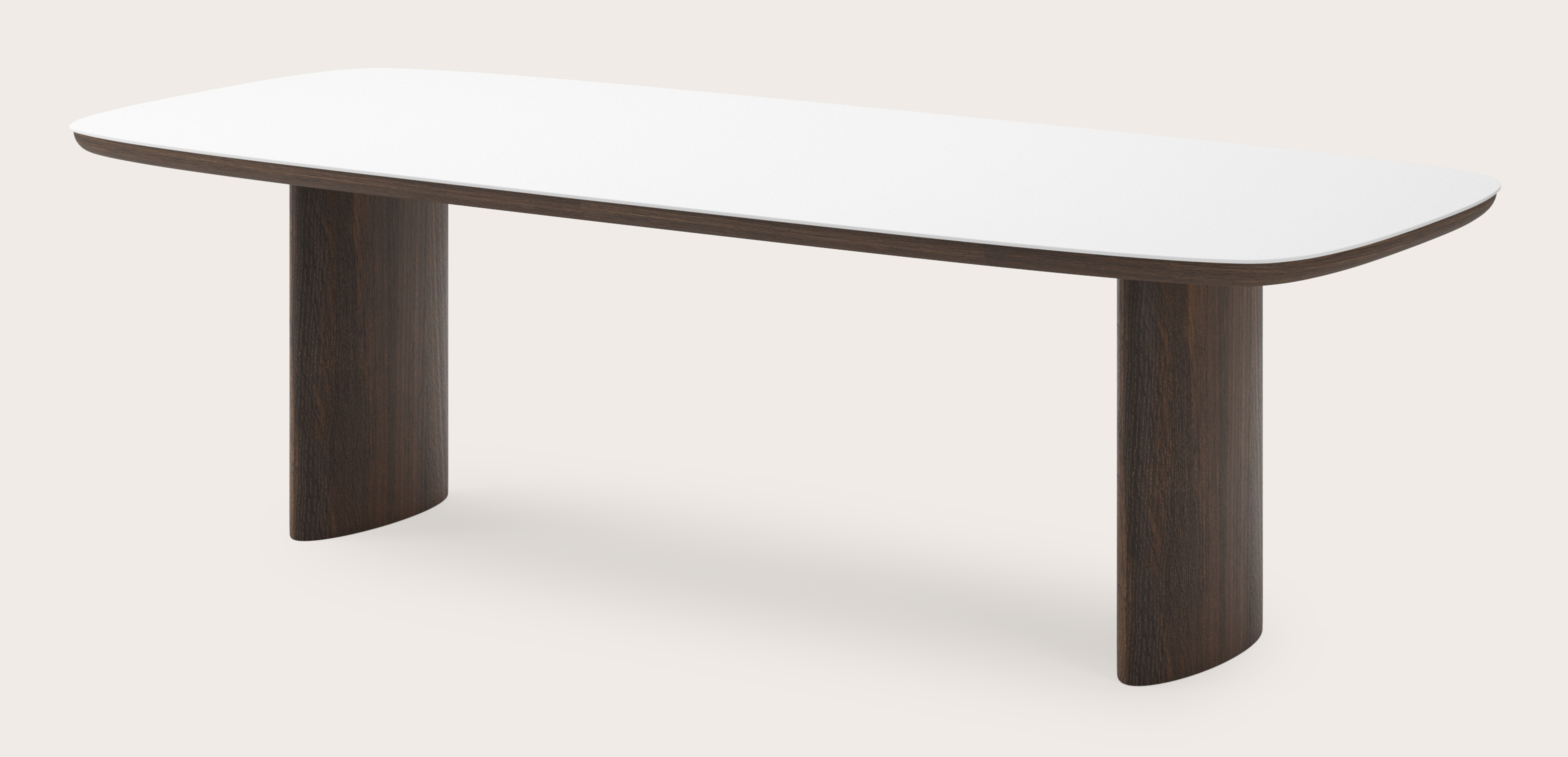 Table de salle à manger Amato Ellipso armature en chêne fumé avec plateau Ceramo forme arrondie en céramique en couleur Arctic White 260 x 110 x 76 cm