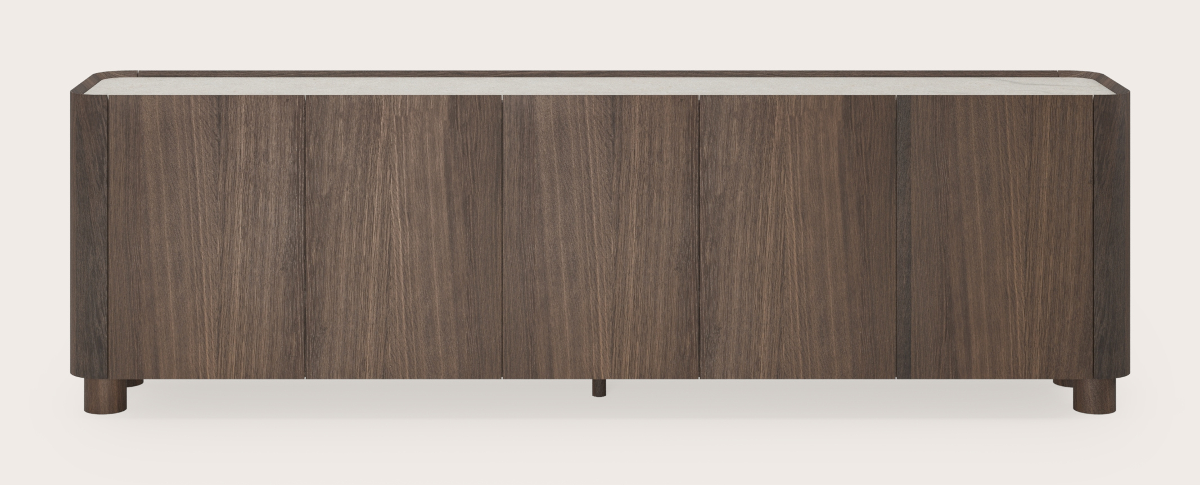 Curvato dressoir in gerookte eik met ronde houten poten met volkeramisch Ceramo blad in kleur Shilin 249 x 45 x 76 cm