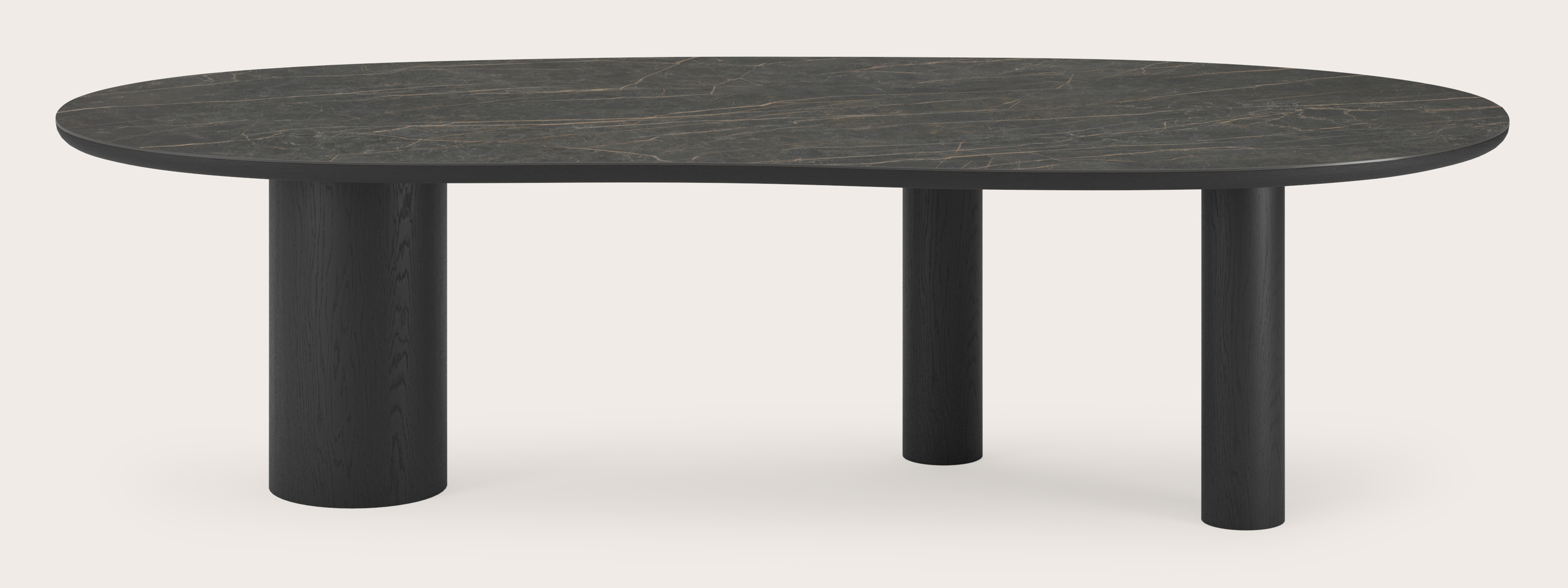Table de salle à manger Amato Rondo armature en chêne noir avec plateau Ceramo forme blob en céramique en couleur Black Obsession 300 x 122 x 77 cm