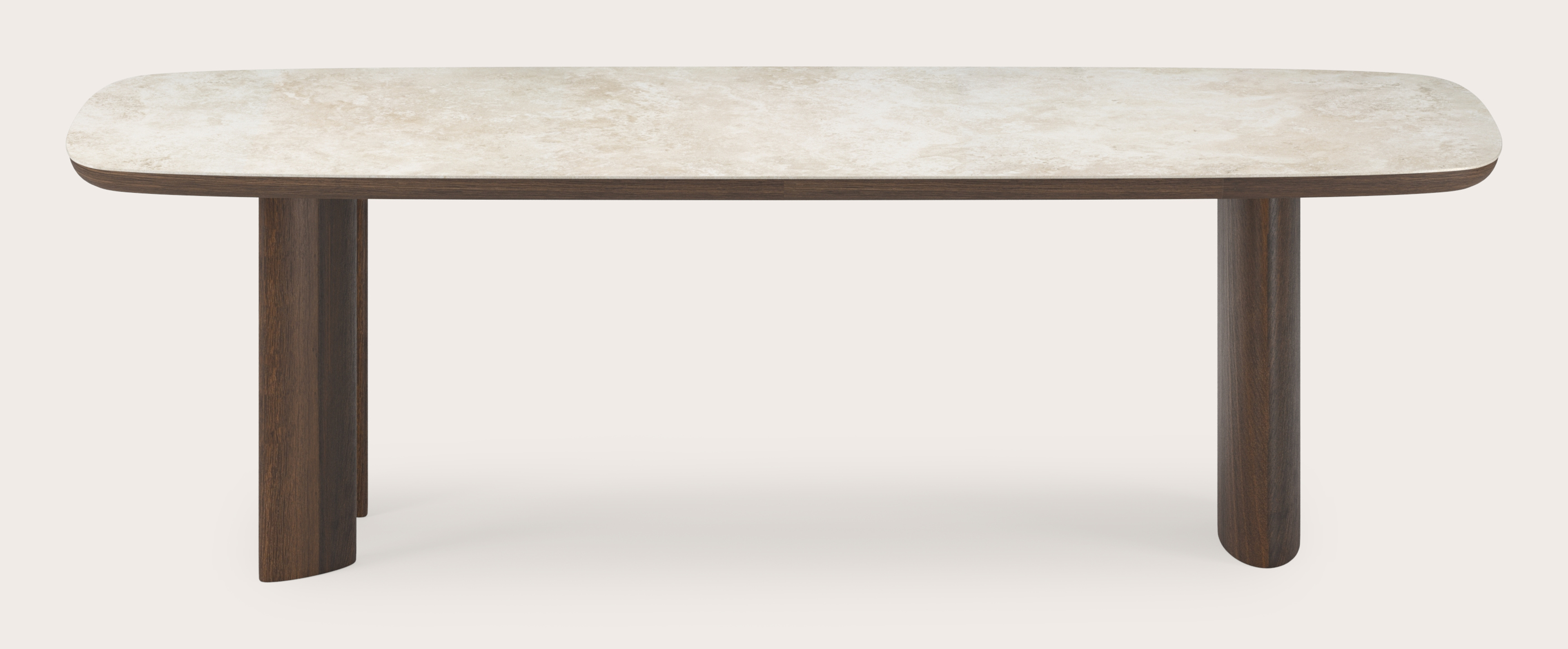 Eettafel Amato Ellipso onderstel in gerookte eik met bootvormig volkeramisch Ceramo blad in kleur Rapolano 260 x 110 x 76 cm