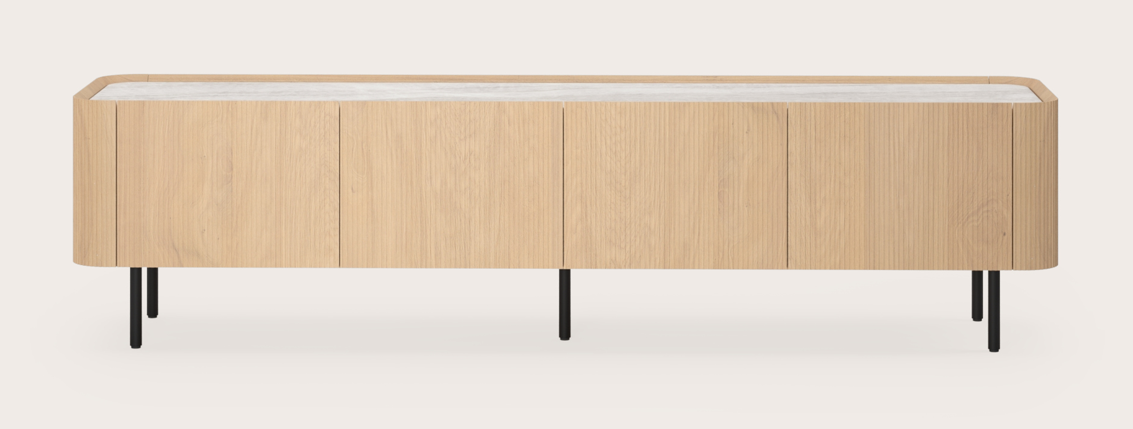 Meuble tv Grivato en chêne couleur naturelle avec pieds ronds avec plateau Ceramo rond en céramique en couleur Taj Mahal 203 x 45 cm