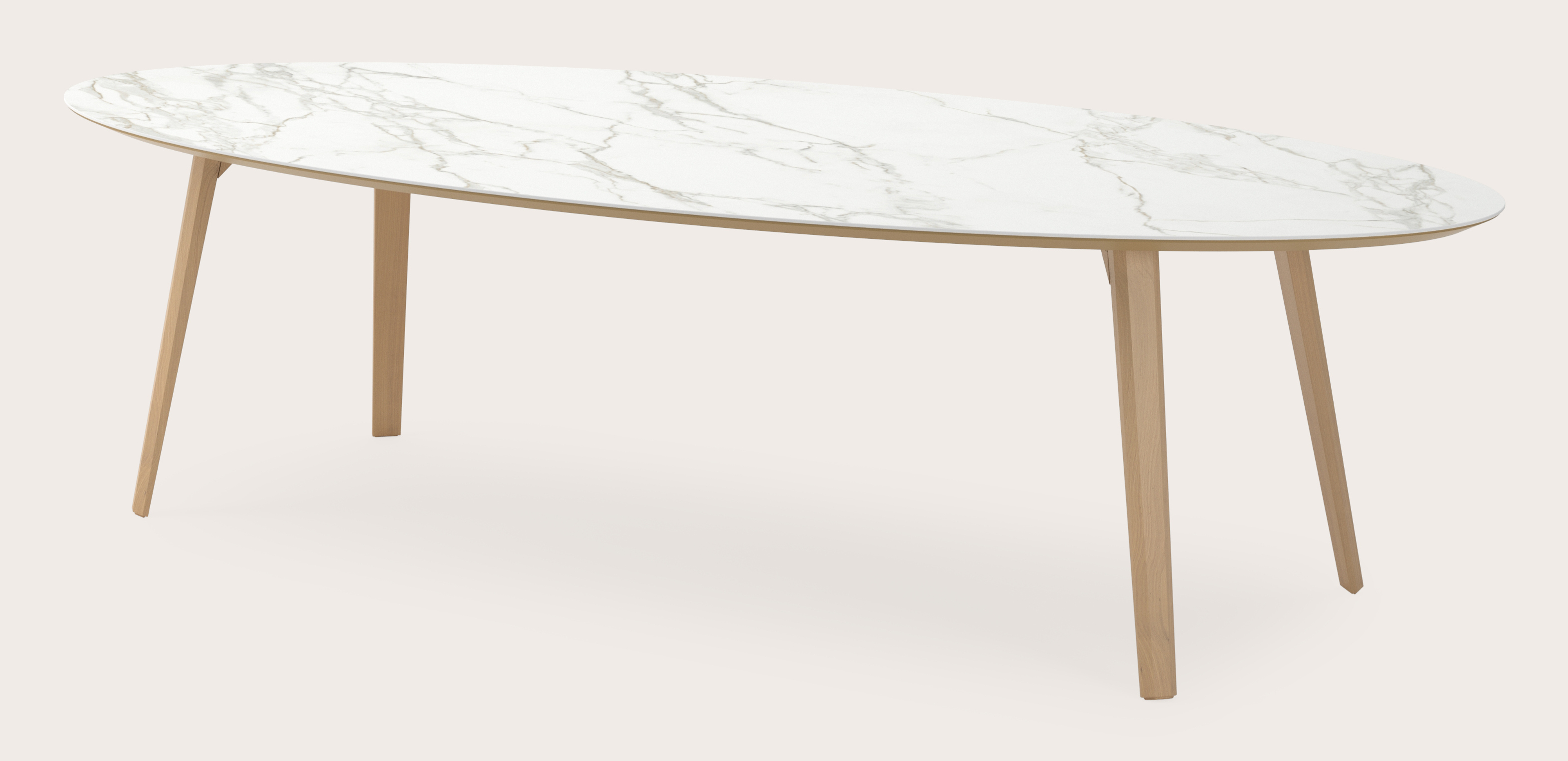 Eettafel Clino onderstel in natuurkleurige eik met ovaal volkeramisch Ceramo blad in kleur Calacatta 300 x 140 x 77 cm