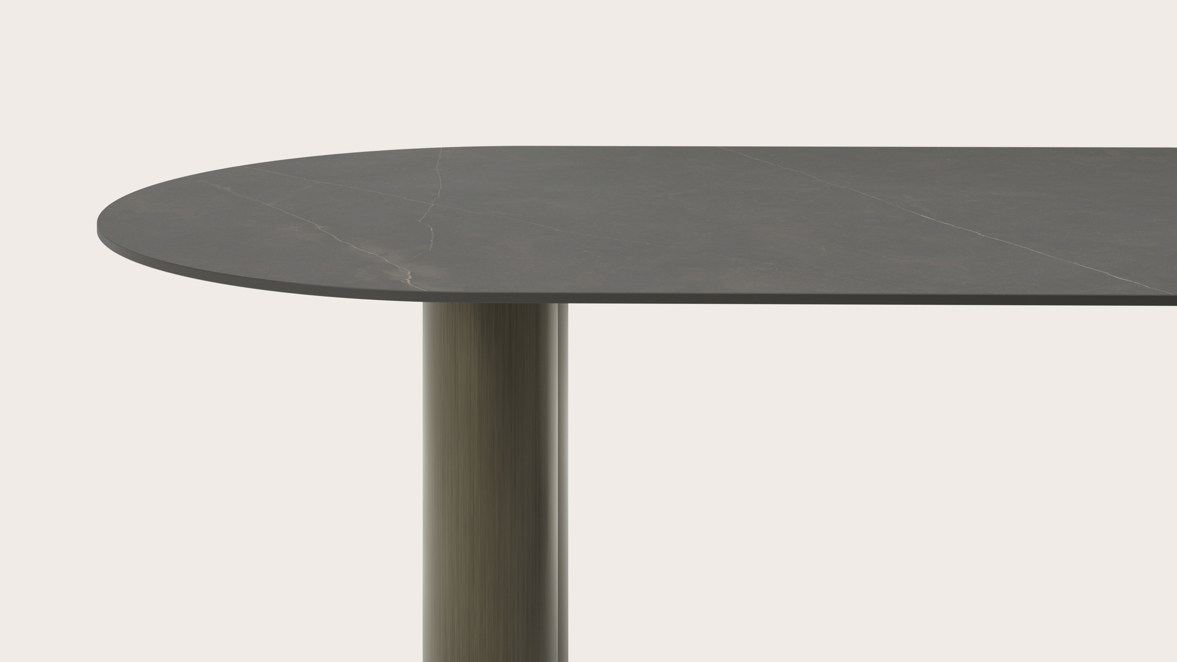 Table à manger Amato Rondo armature en métal bronze avec plateau ovale plat céramique Ceramo Lux en couleur Calatorao 220x110 cm