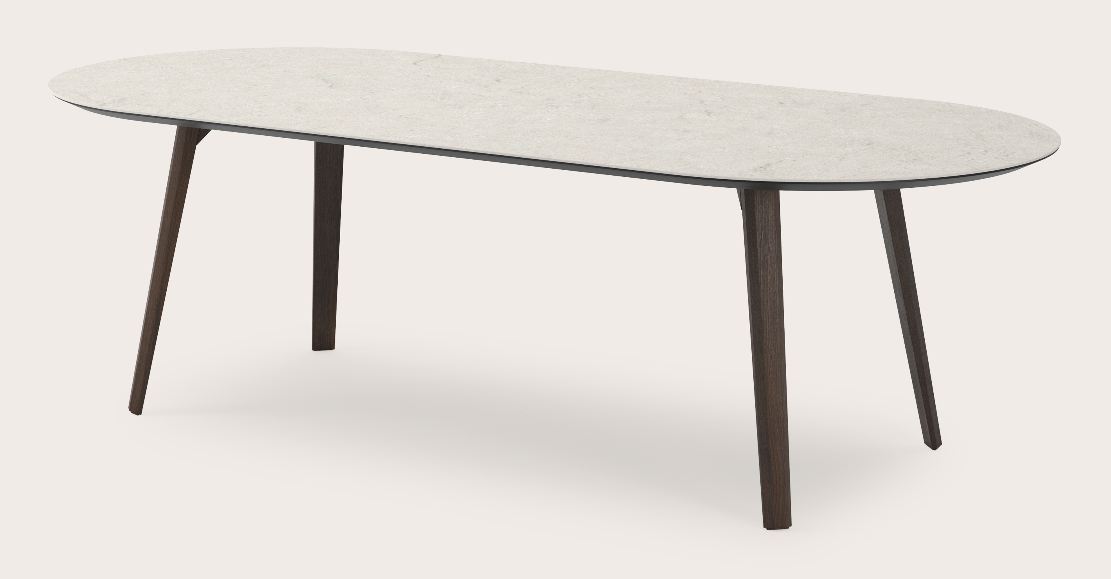 Eettafel Clino onderstel in gerookte eik met plat ovaal volkeramisch Ceramo blad in kleur Shilin 260 x 115 x 77 cm