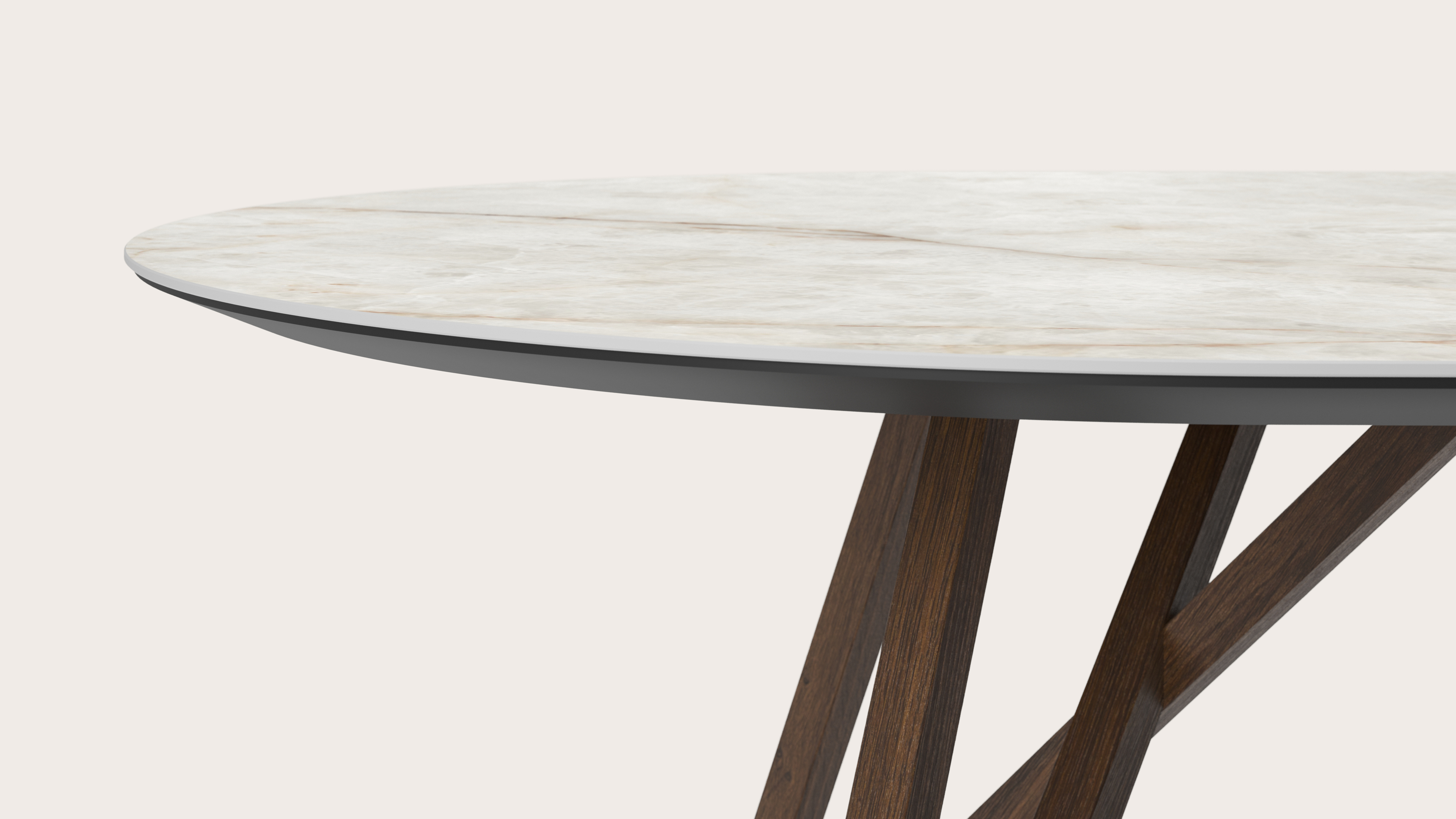 Table de salle à manger Ragno armature en chêne fumé avec plat plateau Ceramo ovale en céramique en couleur Himalaya 300 x 120 x 77 cm
