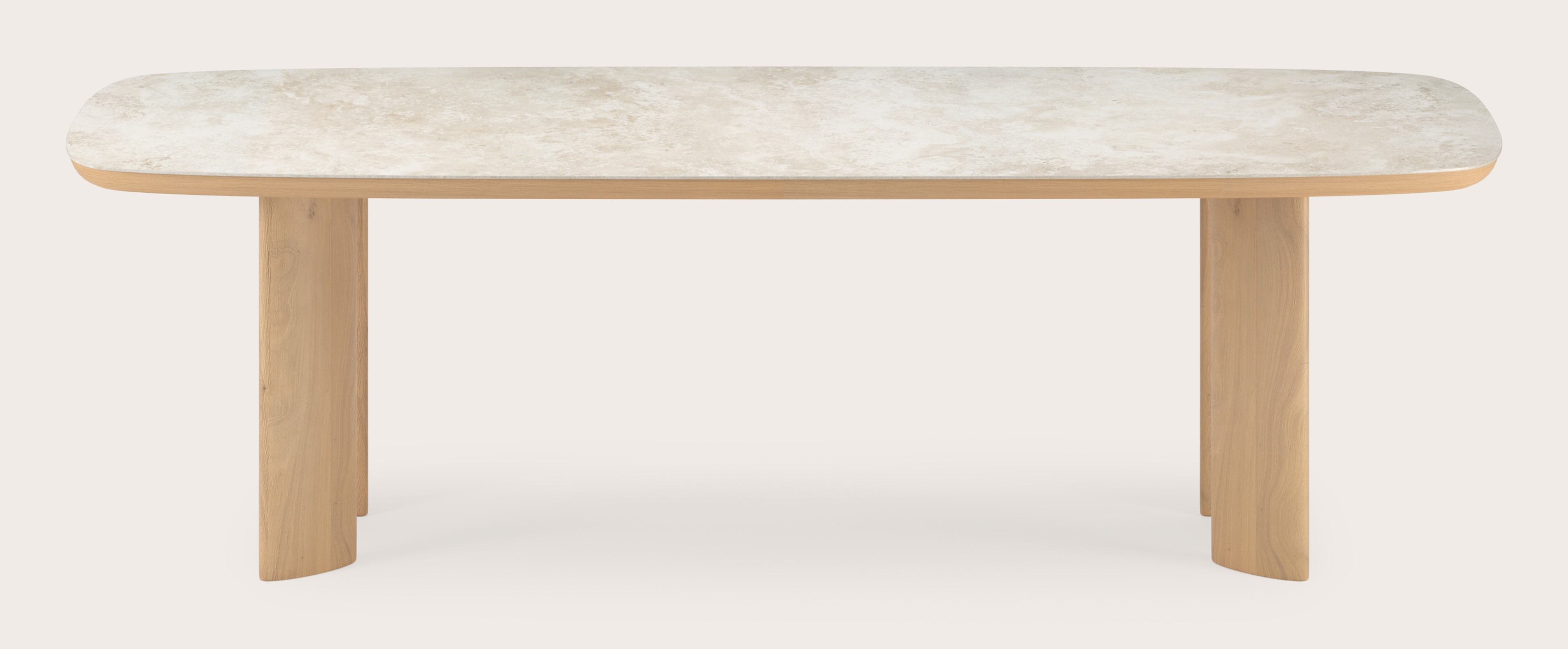 Table de salle à manger Amato Ellipso armature en chêne couleur naturelleavec plateau Ceramo forme arrondie en céramique en couleur Rapolano 260 x 110 x 76 cm