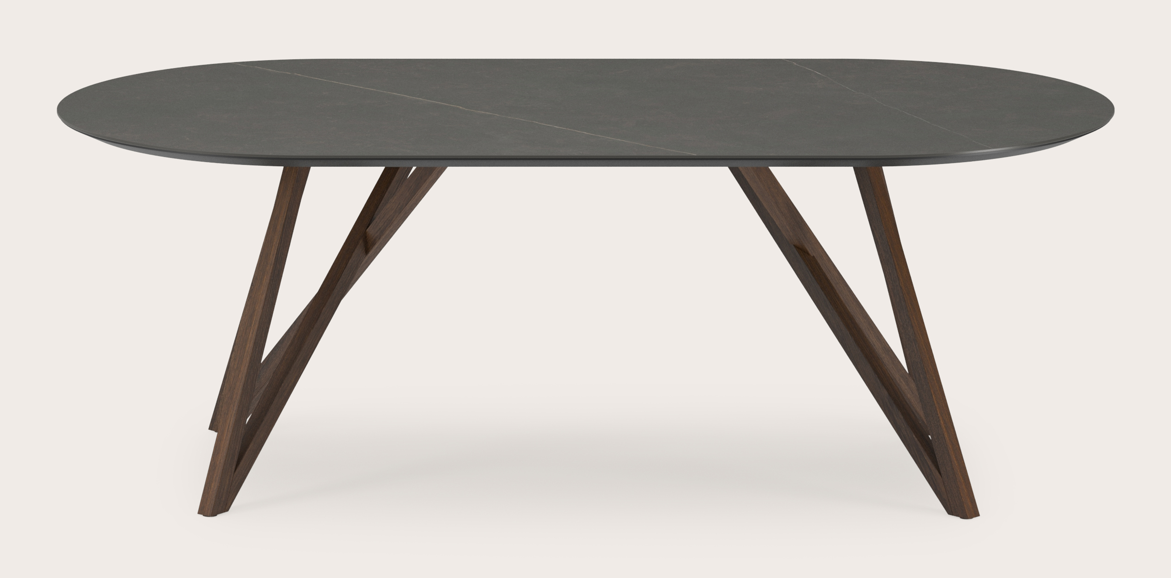 Eettafel Ragno onderstel in gerookte eik met plat ovaal volkeramisch Ceramo blad in kleur Calatorao 220 x 110 x 77 cm