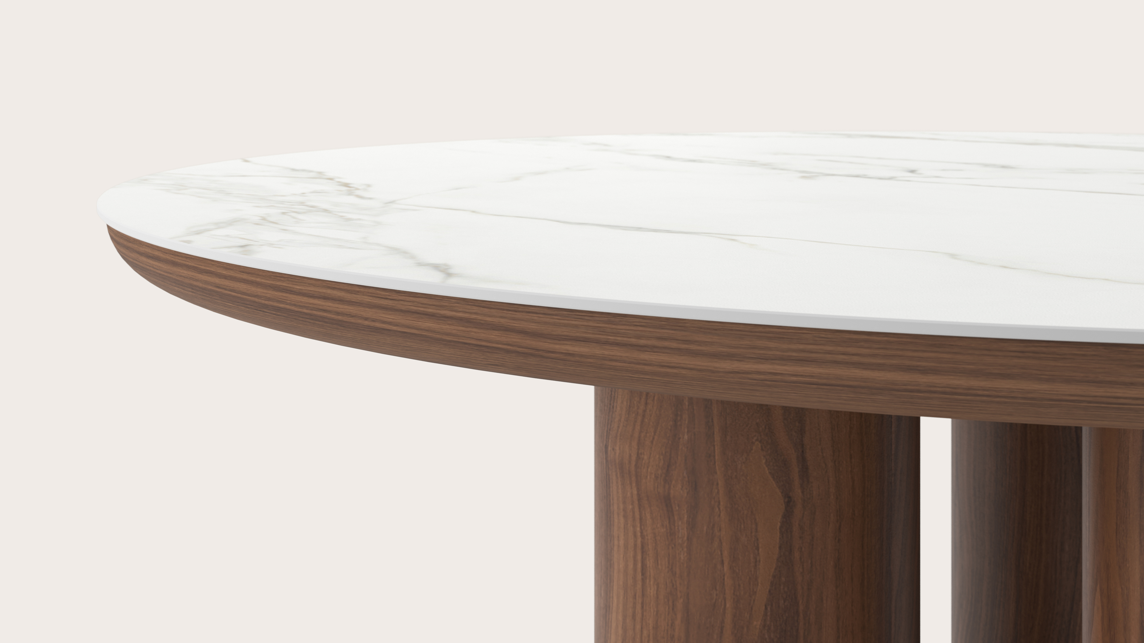 Table de salle à manger Amato Rondo armature en noyer avec plateau Ceramo rond en céramique en couleur Calacatta Ø150 x 76 cm