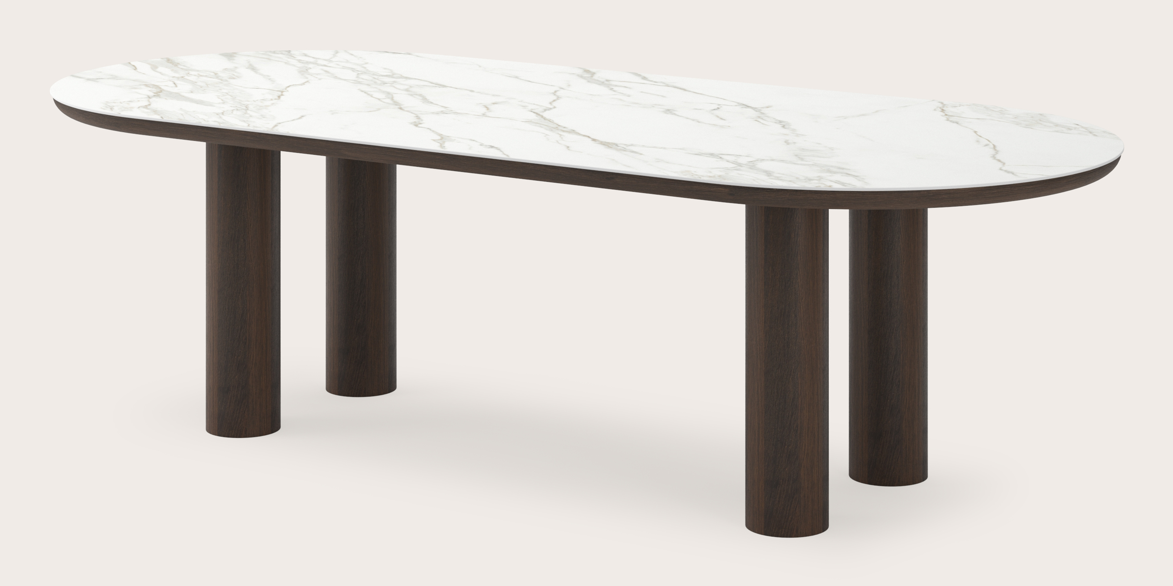 Eettafel Amato Rondo onderstel in gerookte eik met plat ovaal volkeramisch Ceramo blad in kleur Calacatta 260 x 115 x 76 cm