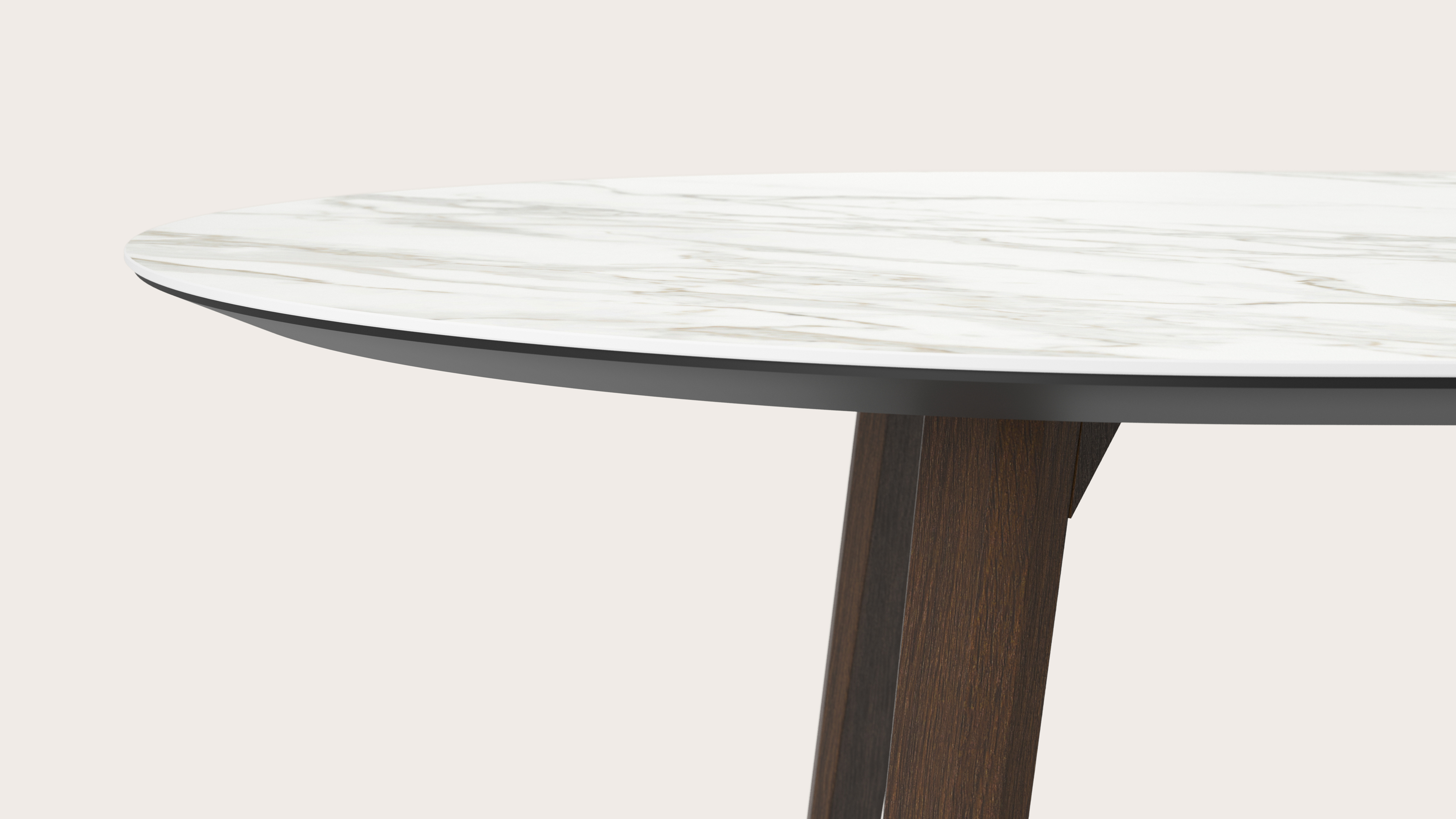 Eettafel Clino onderstel in gerookte eik met plat ovaal volkeramisch Ceramo blad in kleur Calacatta 300 x 120 x 77 cm