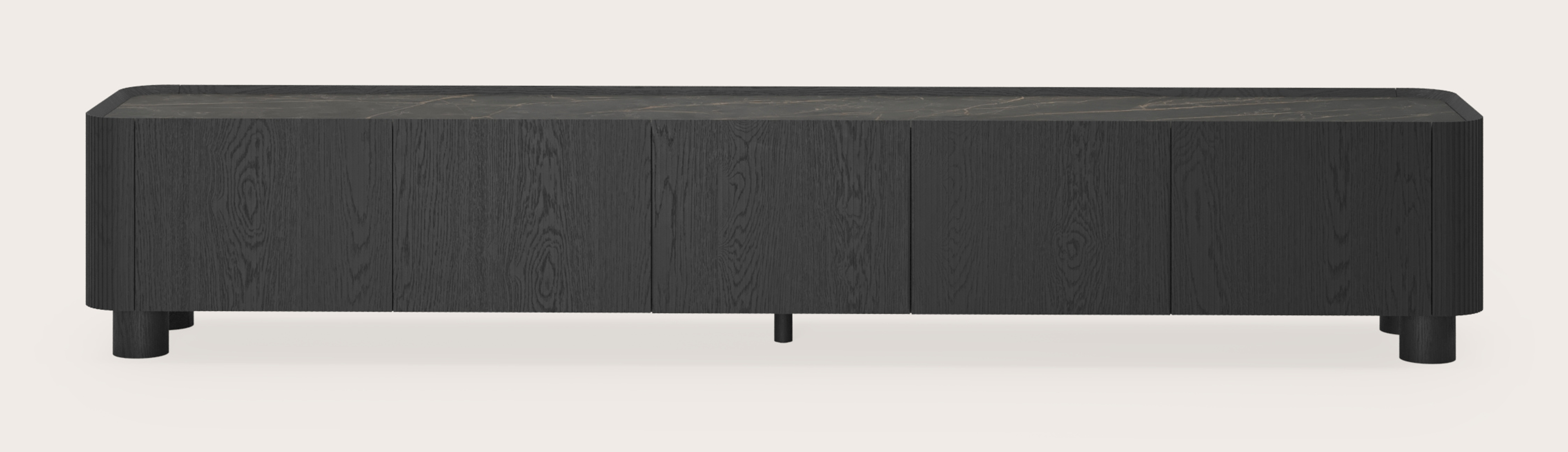 Meuble tv Grivato en chêne noir avec pieds ronds avec plateau Ceramo rond en céramique en couleur Black Obsession 249 x 45 cm