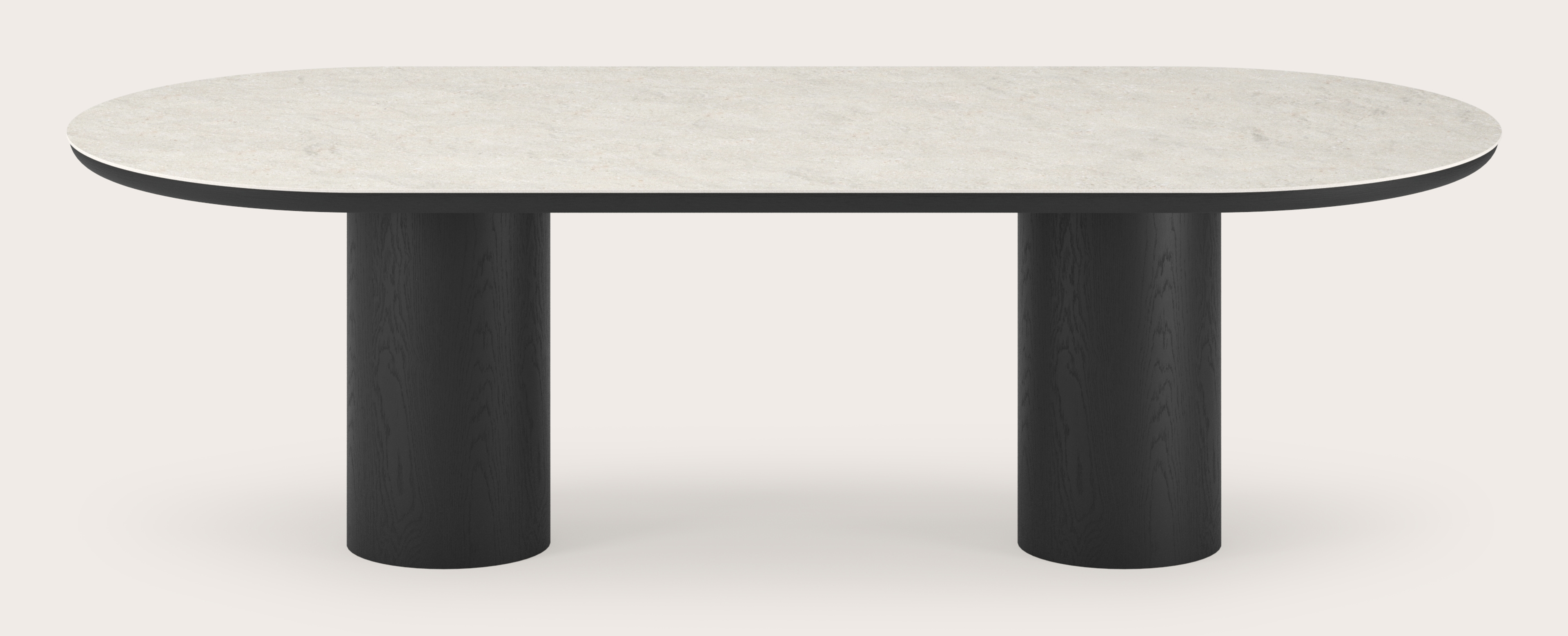 Eettafel Amato Rondo onderstel in zwarte eik met plat ovaal volkeramisch Ceramo blad in kleur Shilin 260 x 115 x 76 cm