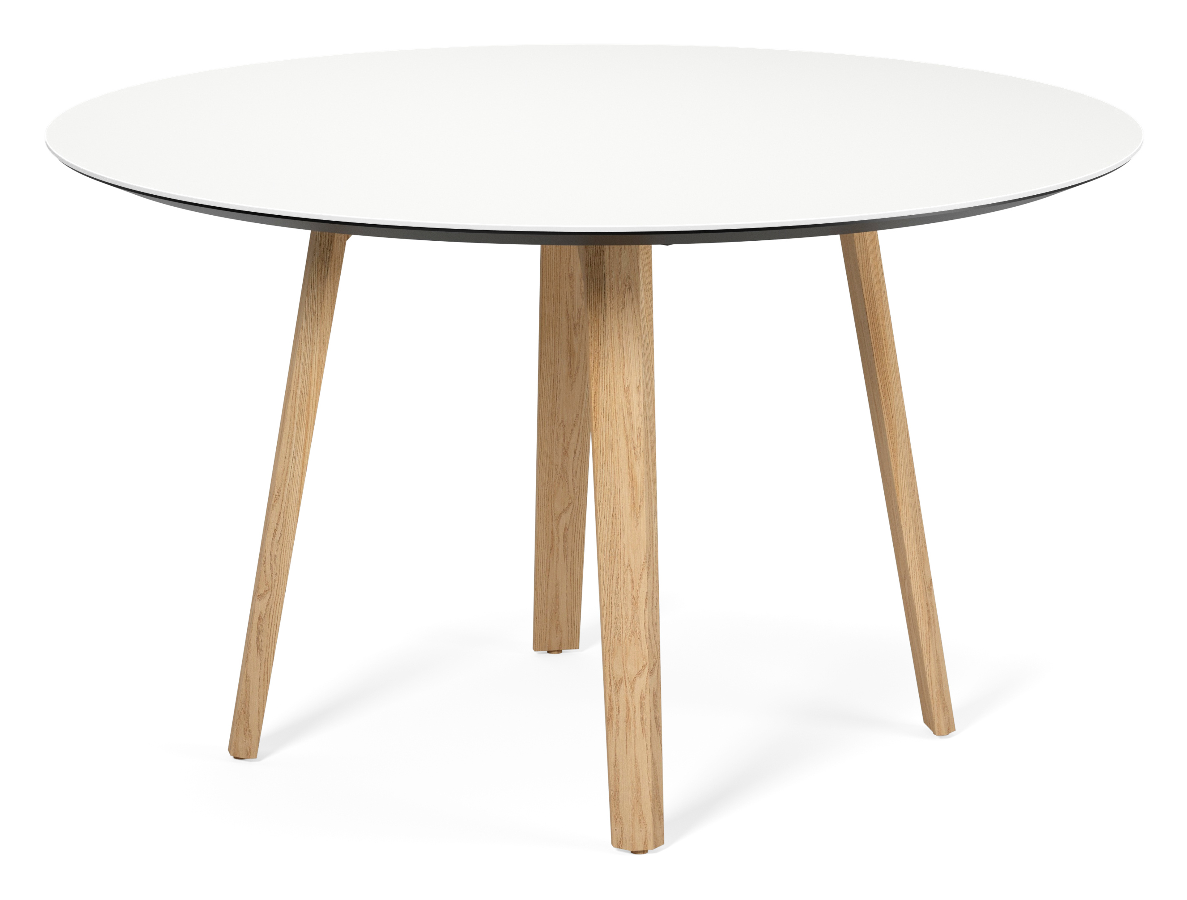 Eettafel Clino onderstel in natuurkleurige eik met rond volkeramisch Ceramo blad in kleur Arctic White Ø130 x 77 cm