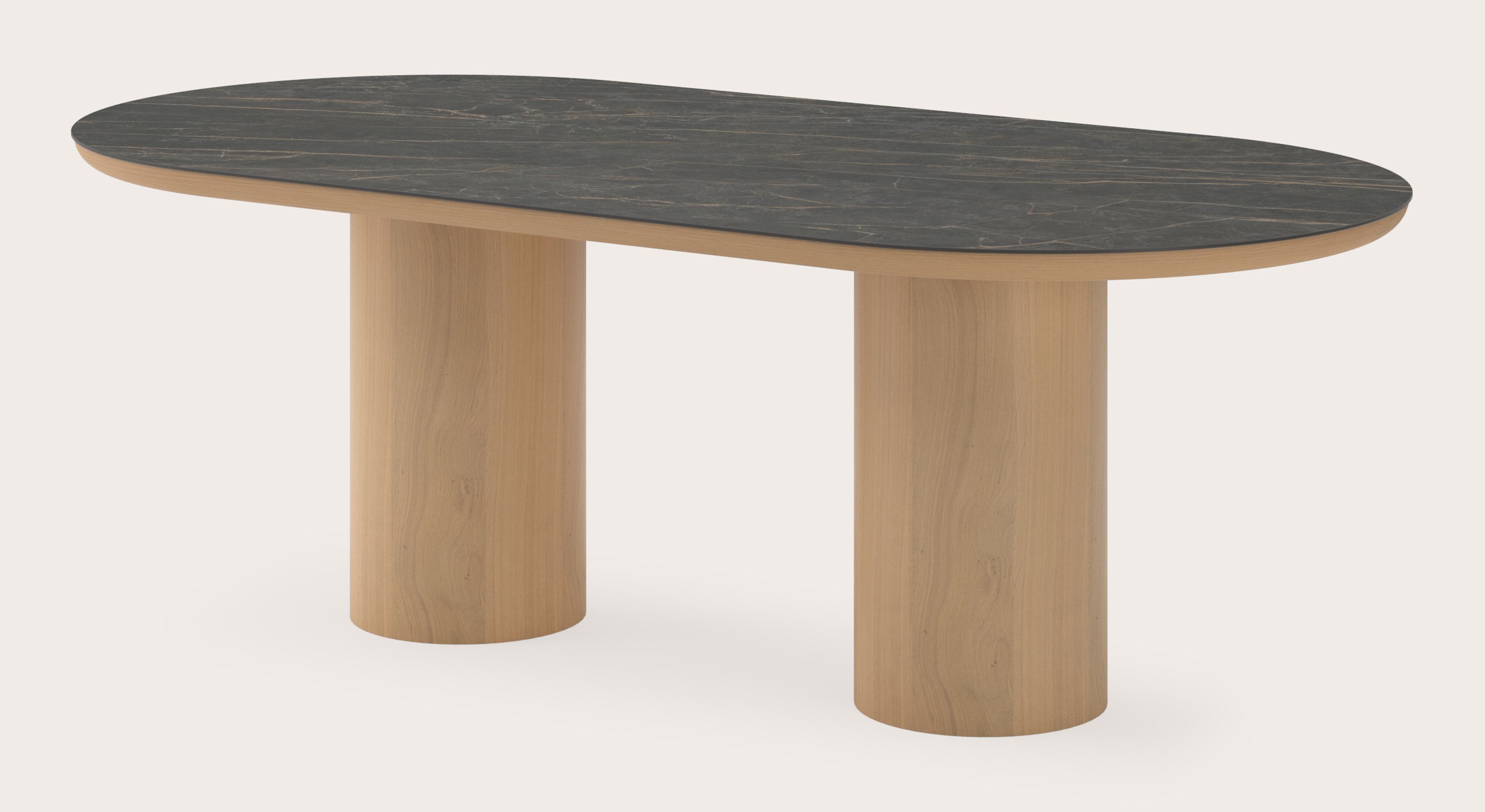 Table de salle à manger Amato Rondo armature en chêne couleur naturelleavec plateau Ceramo ovale plat en céramique en couleur Black Obsession 220 x 110 x 76 cm
