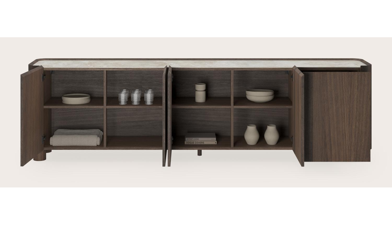 Grivato dressoir in gerookte eik met ronde poten met volkeramisch Ceramo blad in kleur Rapolano 269 x 45 cm