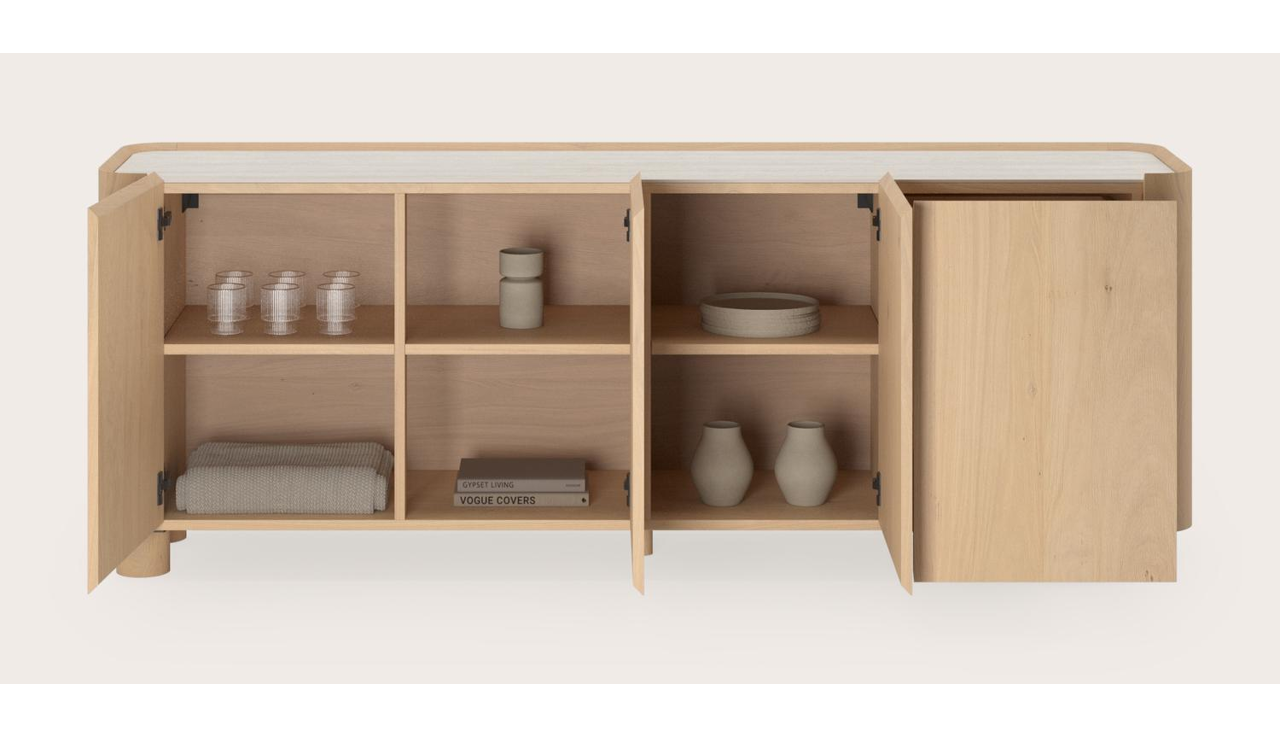 Curvato dressoir in natuurkleurige eik met ronde houten poten met volkeramisch Ceramo blad in kleur Travertino Bianco 203 x 45 x 76 cm