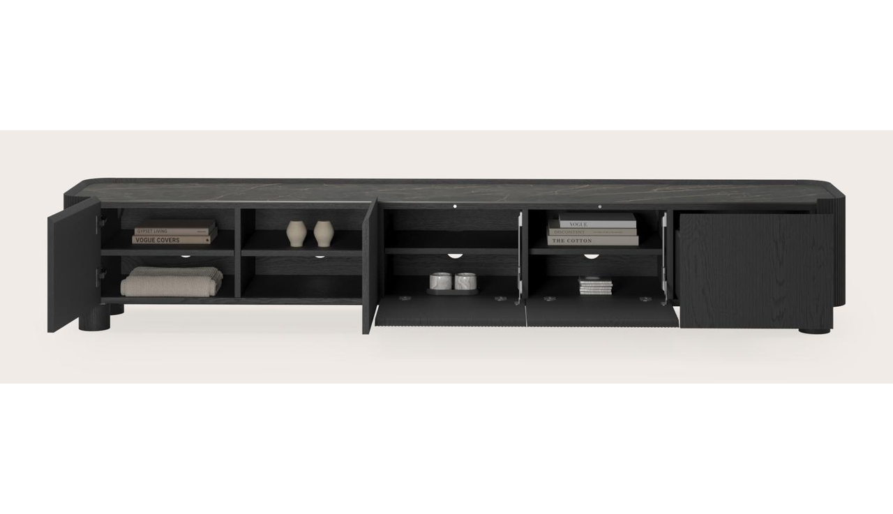 Meuble tv Grivato en chêne noir avec pieds ronds avec plateau Ceramo rond en céramique en couleur Black Obsession 249 x 45 cm
