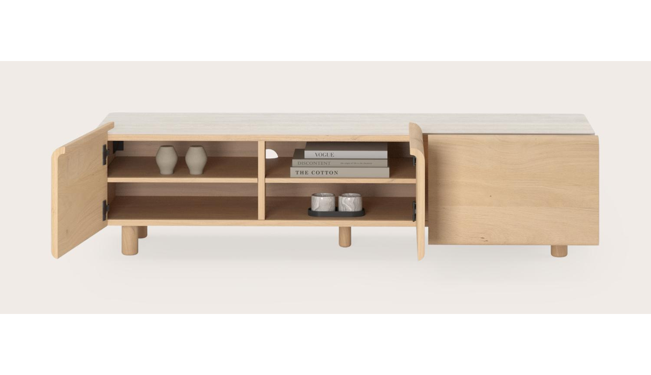 Divino tv-meubel in natuurkleurige eik met volkeramisch Ceramo blad in kleur Travertino bianco met ronde houten poten 147x43x31cm