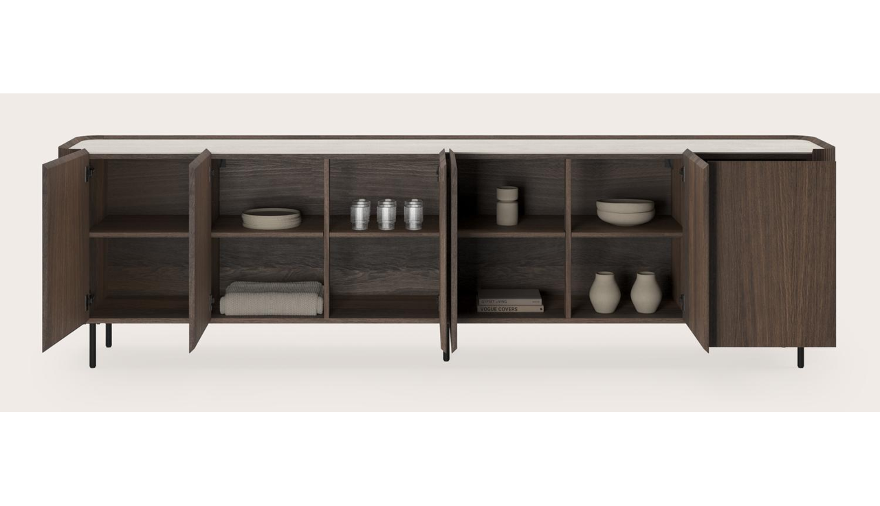 Buffet Grivato en chêne fumé avec pieds ronds avec plateau Ceramo rond en céramique en couleur Travertino Bianco 294 x 45 cm
