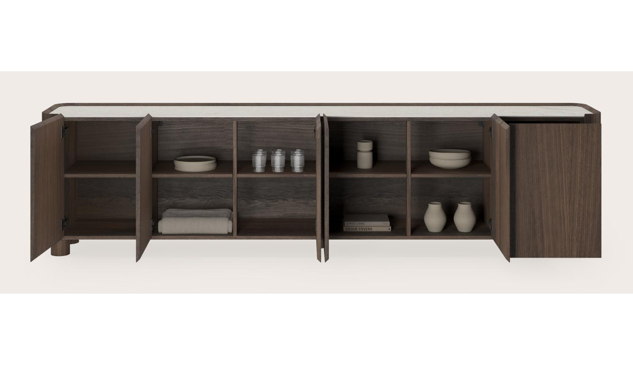 Grivato dressoir in gerookte eik met ronde houten poten met volkeramisch Ceramo blad in kleur Shilin 294 x 45 x 76 cm