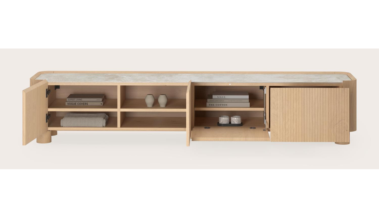 Grivato tv-meubel in natuurkleurige eik met ronde poten met volkeramisch Ceramo blad in kleur Rapolano 219 x 45 cm