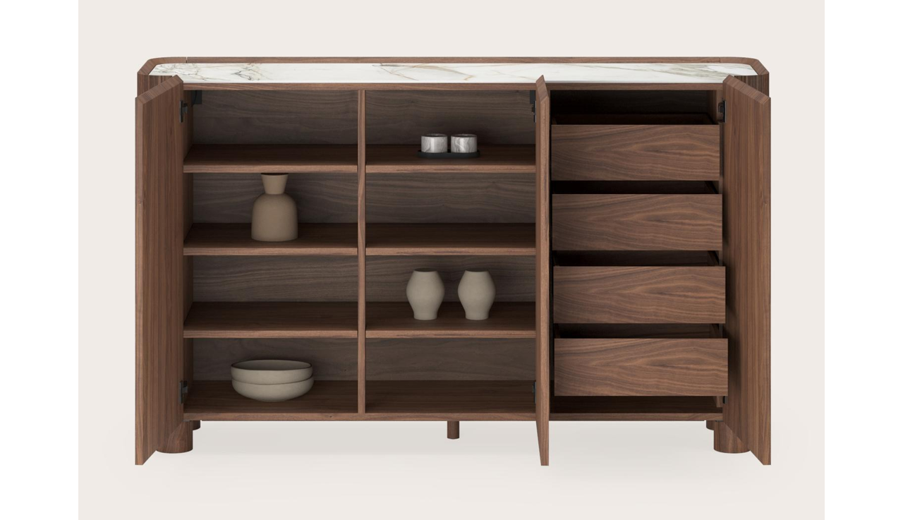 Grivato hoge dressoir in walnoot met ronde houten poten met volkeramisch Ceramo blad in kleur Calacatta Luxe 169 x 45 x 102 cm