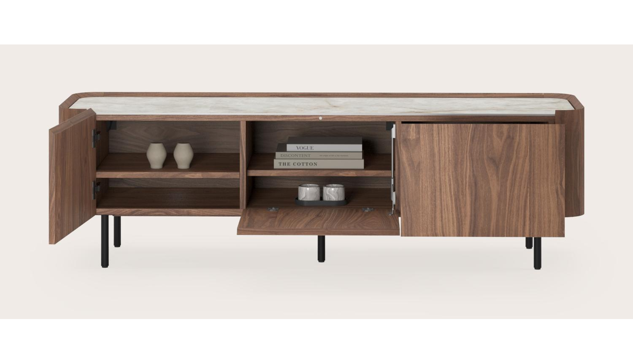 Meuble tv Curvato en noyer avec pieds ronds en métal avec plateau Ceramo en céramique en couleur Himalaya 169 x 45 x 52 cm