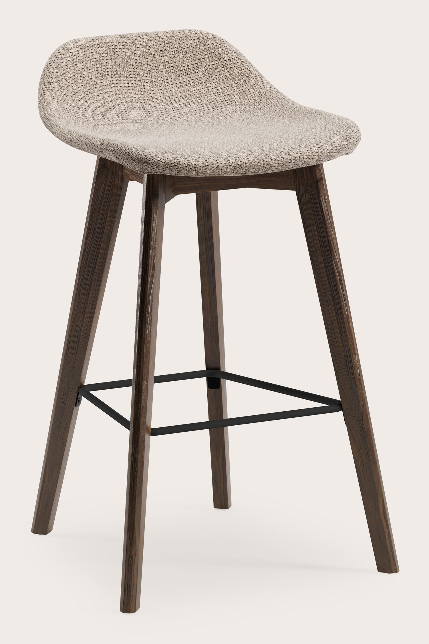 Vasco tabouret de bar basse en noyer avec assise en Fuga tissu Taupe