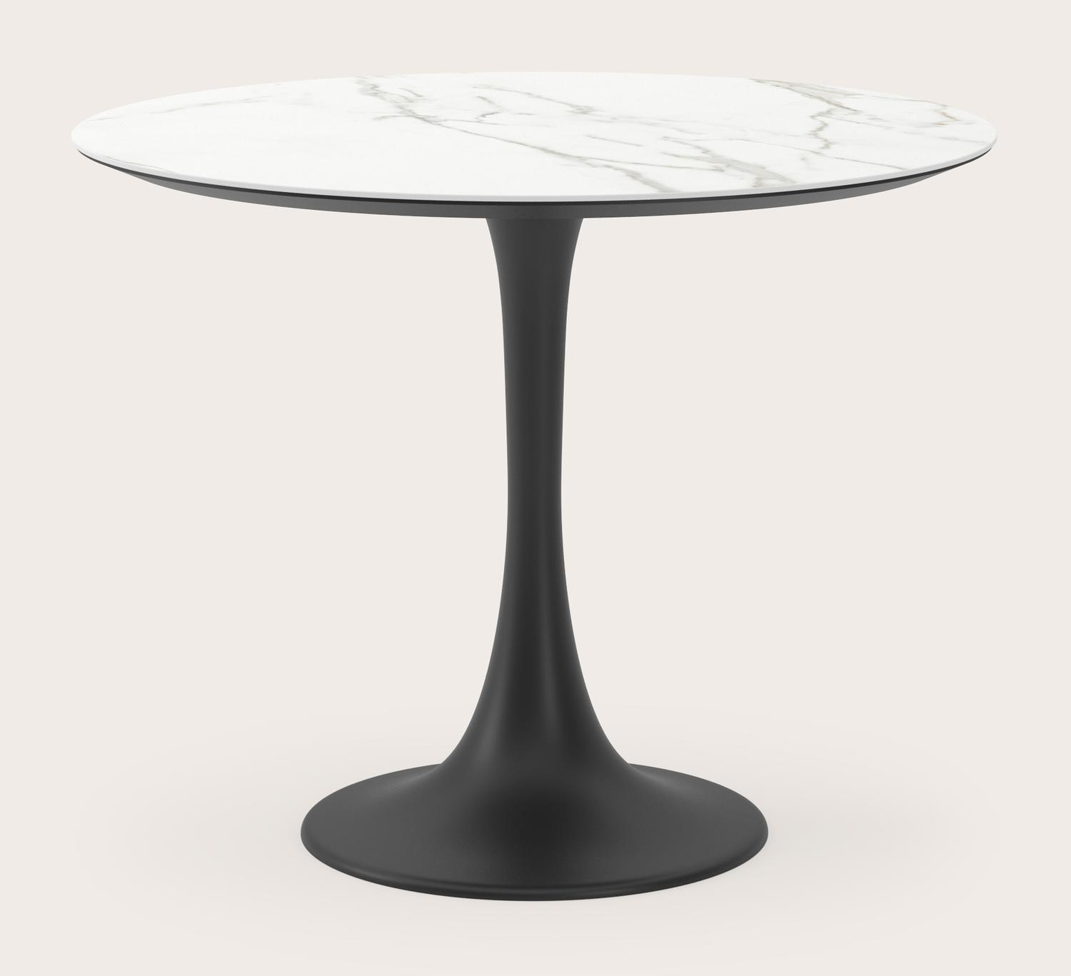 Eettafel Tulipo onderstel in zwart metaal met rond volkeramisch Ceramo blad in kleur Calacatta Ø100 x 77 cm