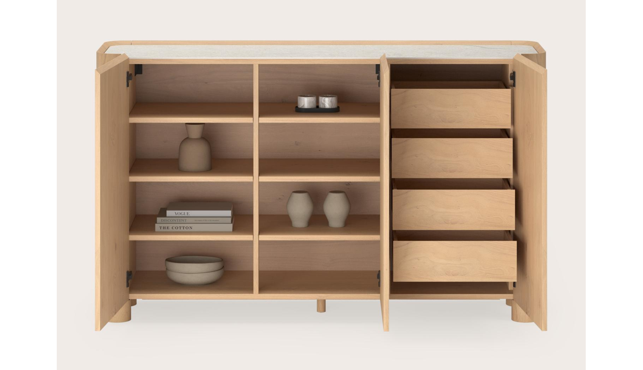 Curvato hoge dressoir in natuurkleurige eik met ronde houten poten met volkeramisch Ceramo blad in kleur Shilin 169 x 45 x 102 cm