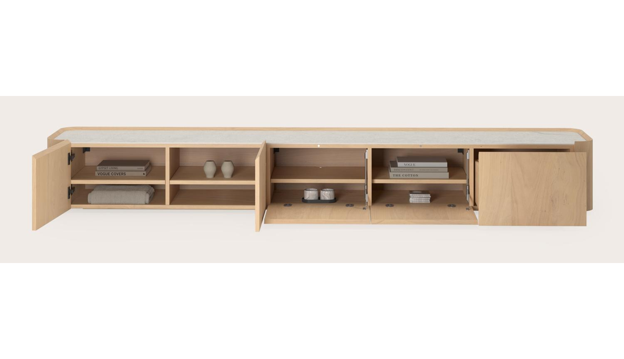 Meuble tv Curvato en chêne couleur naturelle avec plateau Ceramo en céramique en couleur Shilin 269 x 45 x 34 cm