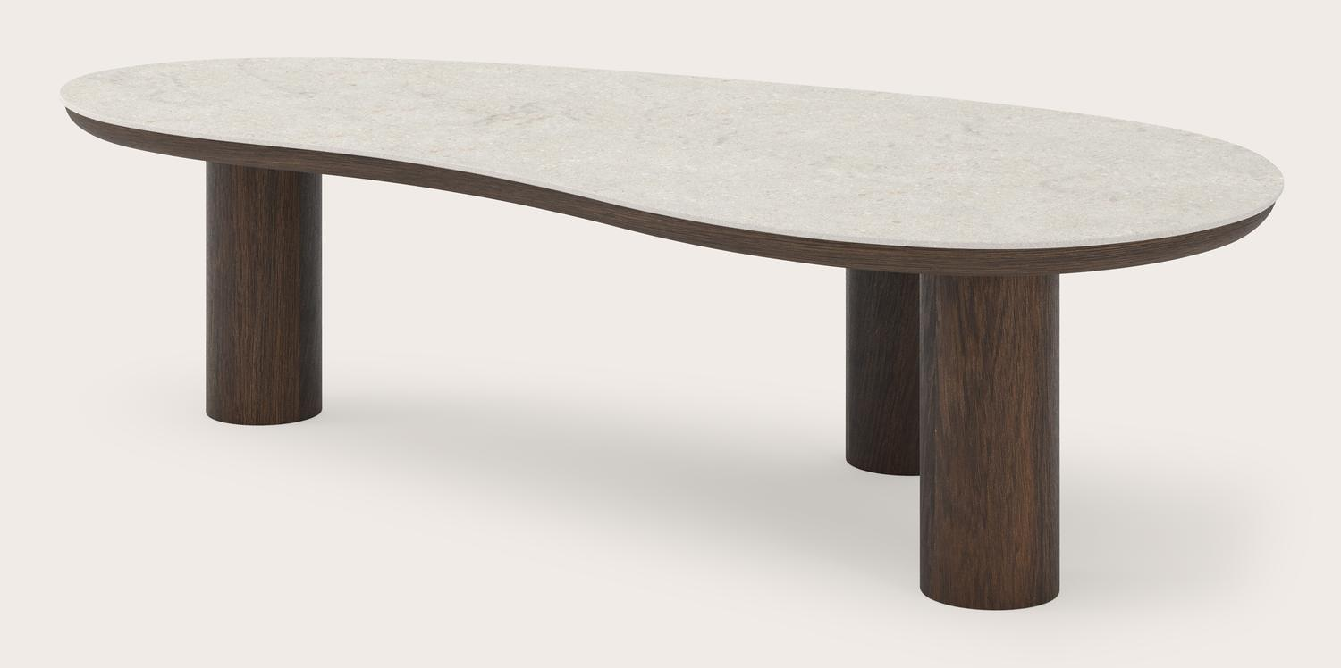 Salontafel Amato Rondo XSmall onderstel in gerookte eik met blobvormig volkeramisch Ceramo blad in kleur Shilin 135 x 68 x 34 cm