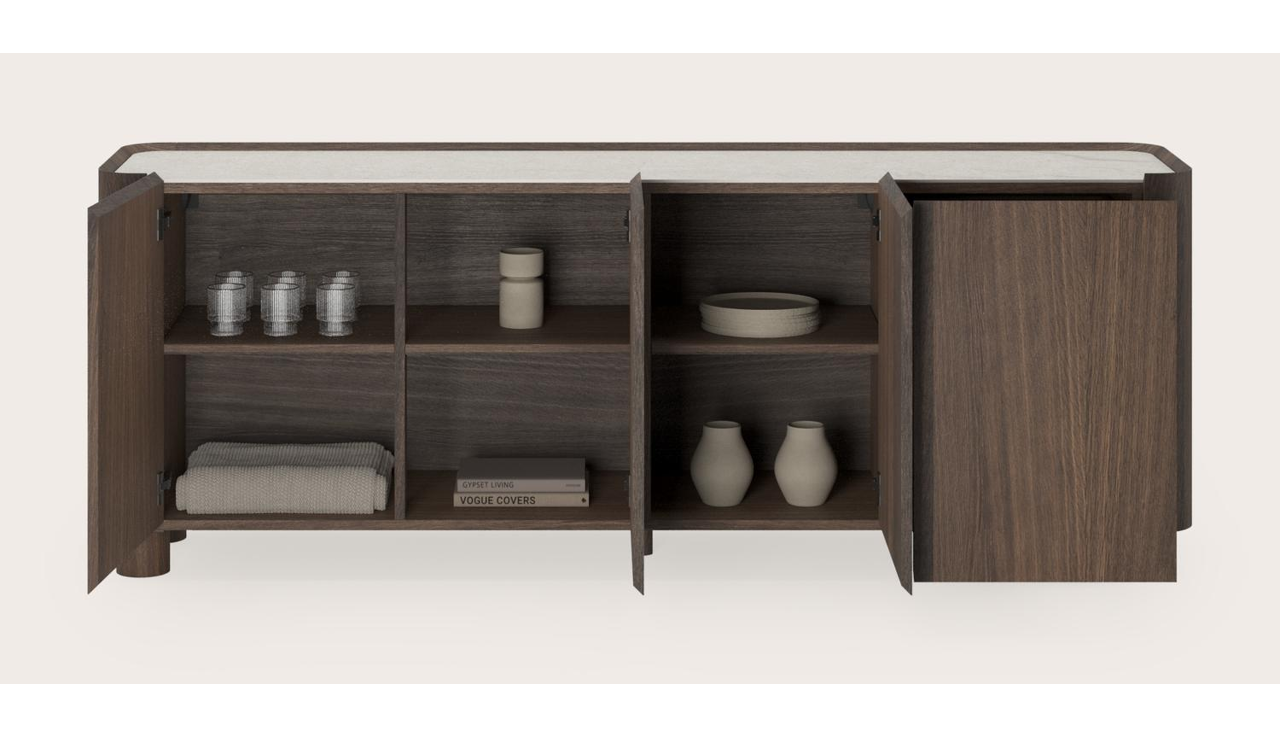 Buffet Curvato en chêne fumé avec pieds ronds en bois avec plateau Ceramo en céramique en couleur Shilin 203 x 45 x 76 cm
