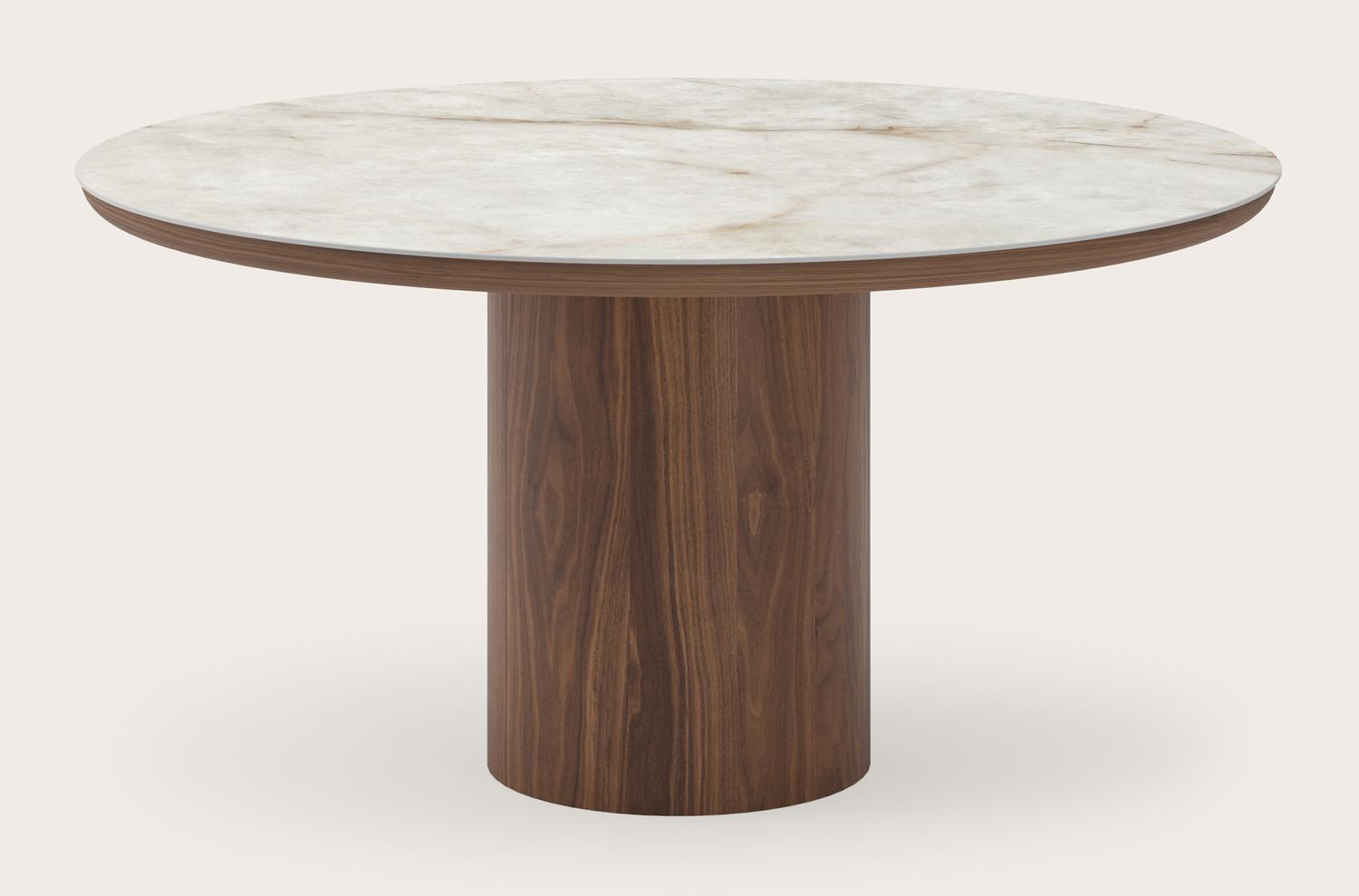 Table de salle à manger Amato Rondo armature en noyer avec plateau Ceramo rond en céramique en couleur Himalaya Ø150 x 76 cm
