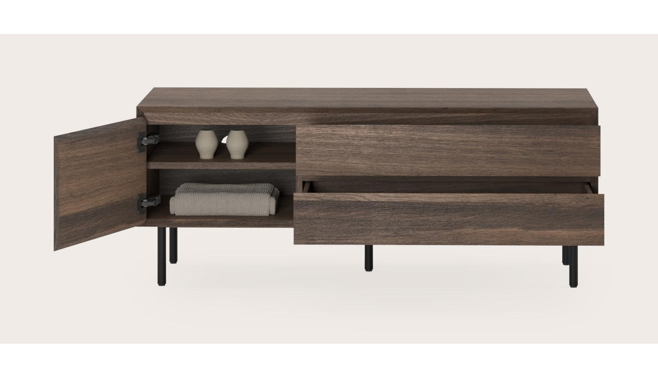Arno tv-meubel in gerookte eik met ronde poten 130 x 45 cm