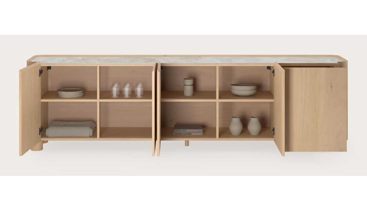 Buffet Curvato en chêne couleur naturelle avec pieds ronds en bois avec plateau Ceramo en céramique en couleur Rapolano 269 x 45 x 76 cm