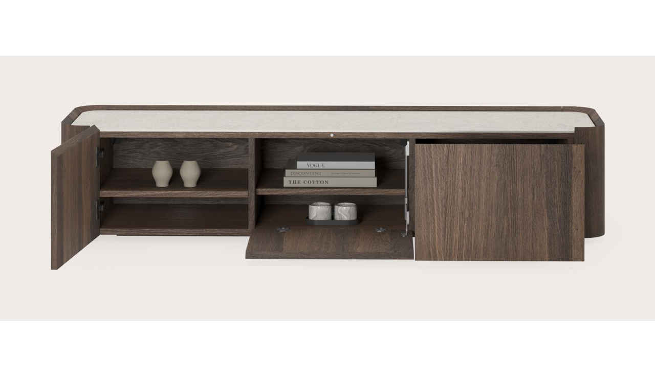 Meuble tv Curvato en chêne fumé avec plateau Ceramo en céramique en couleur Shilin 169 x 45 x 34 cm
