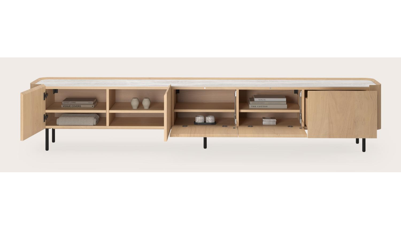 Meuble tv Grivato en chêne couleur naturelle avec pieds ronds avec plateau Ceramo rond en céramique en couleur Taj Mahal 269 x 45 cm