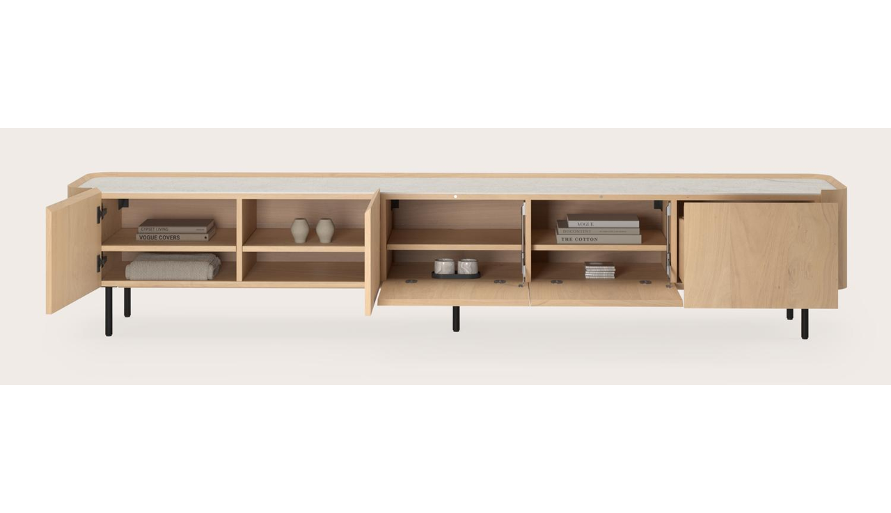 Meuble tv Curvato en chêne couleur naturelle avec pieds ronds en métal avec plateau Ceramo en céramique en couleur Shilin 269 x 45 x 52 cm
