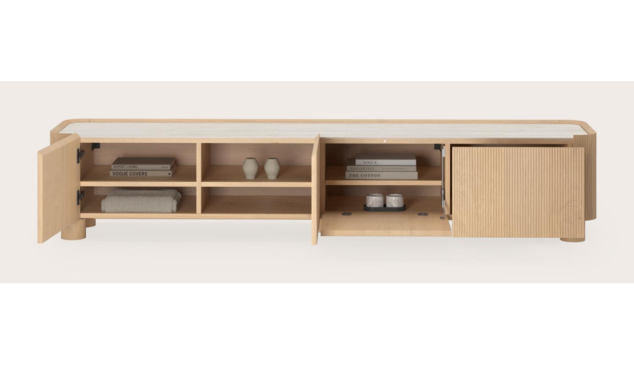 Grivato tv-meubel in natuurkleurige eik met ronde poten met volkeramisch Ceramo blad in kleur Travertino Bianco 219 x 45 cm