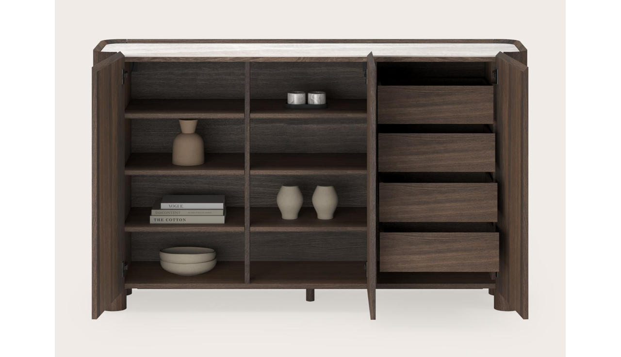 Curvato hoge dressoir in gerookte eik met ronde houten poten met volkeramisch Ceramo blad in kleur Taj Mahal 169 x 45 x 102 cm